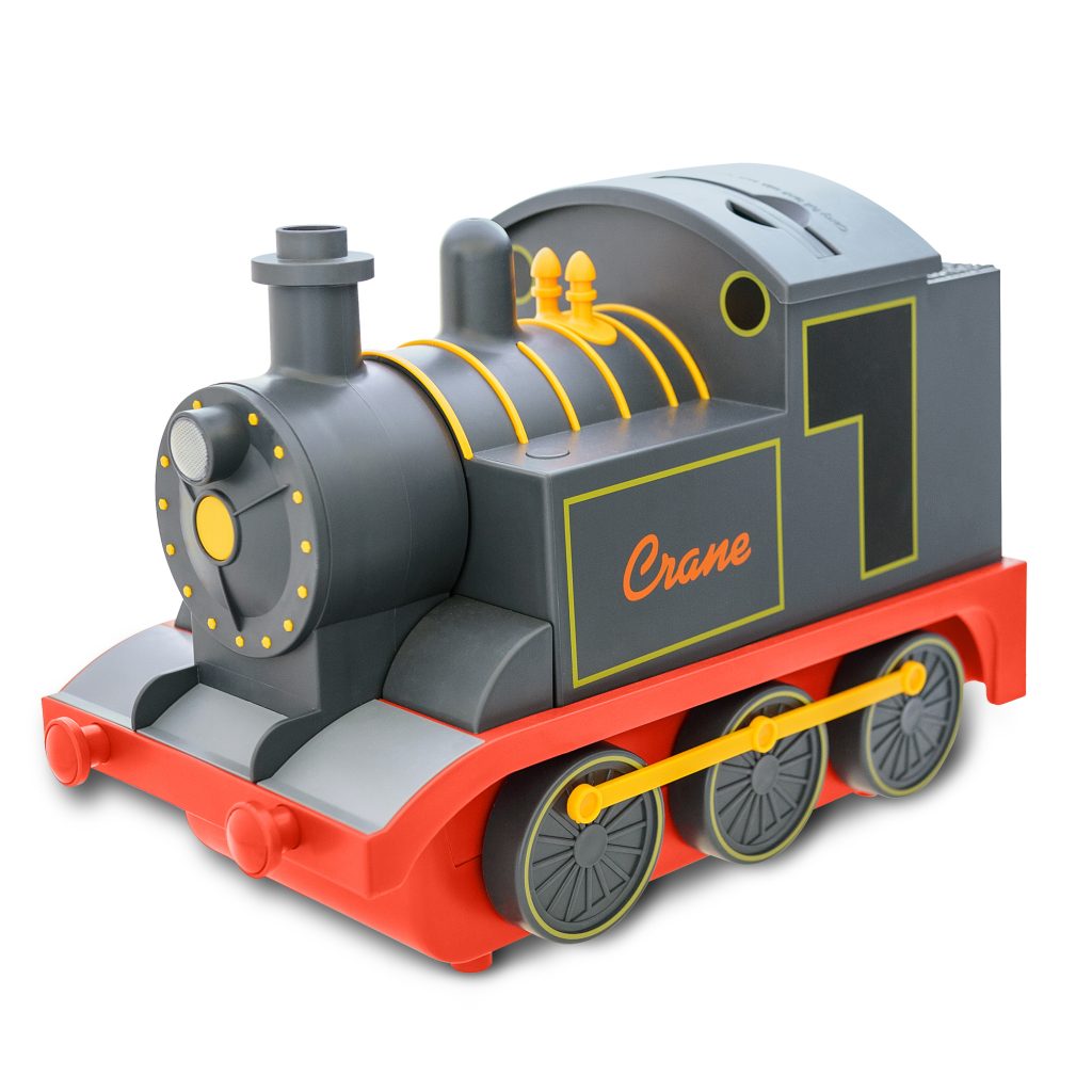 Humidificateur à ultrasons à brume froide d’un gallon Crane EE-7272 Crane Train, dans une coque en forme de locomotive grise, orange et jaune, avec molette à l’avant