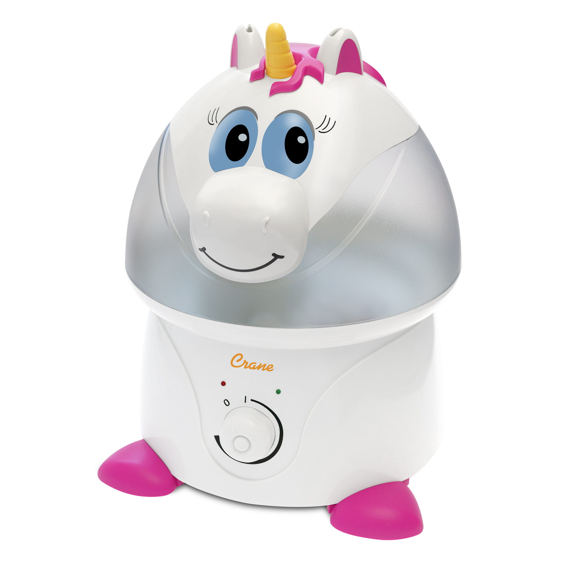 Humidificateur d’un gallon Crane EE-8249 Misty the Unicorn, dans une coque blanche en forme de licorne, avec des pieds roses et une molette à l’avant