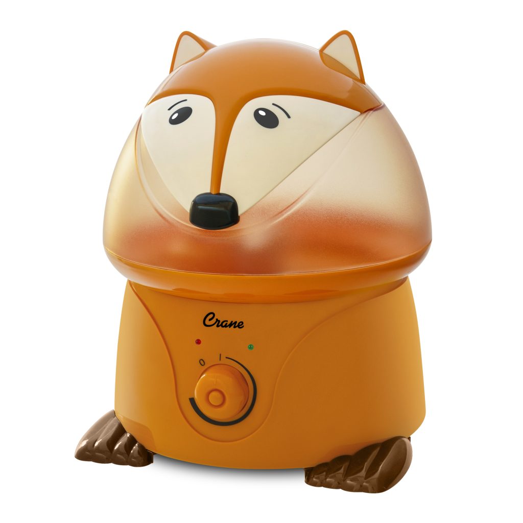 Humidificateur d’un gallon Crane EE-8255 Wyatt the Fox, dans une coque orange en forme de renard, avec molette de commande à l’avant