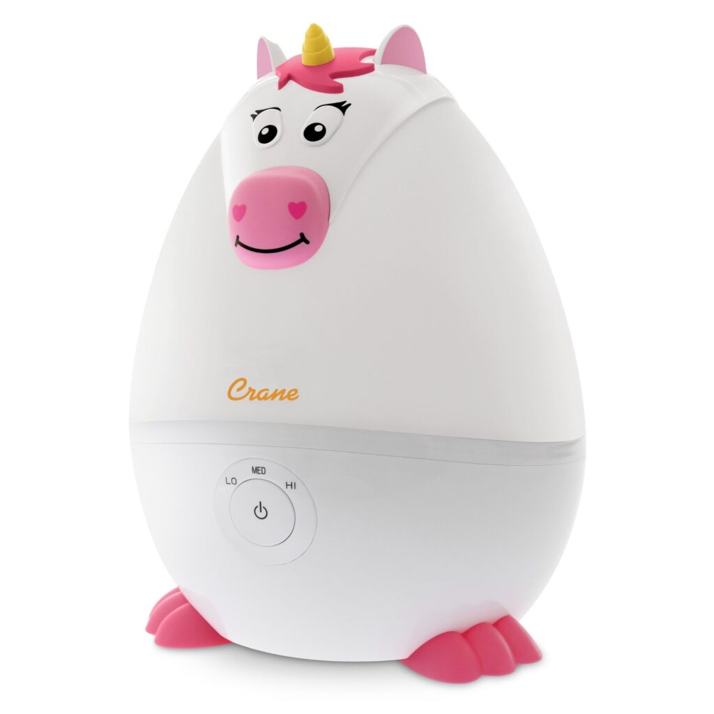 Humidificateur Mini Unicorn d’un demi-gallon Crane EE-8257 avec accents roses et commande à l’avant