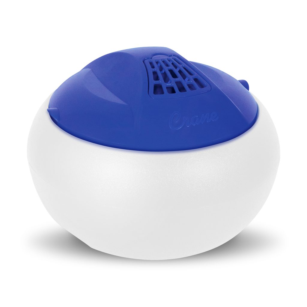 Blue-and-white Crane EE-8619B one-gallon warm-steam vaporizer with white water reservoir and blue steam unit; the image shows the full humidifier, not pad accessories.