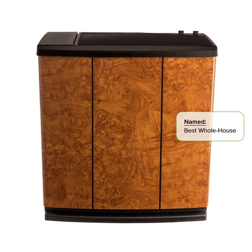 AIRCARE ALLIANCE H12400HB console in oak burl, shown from the front