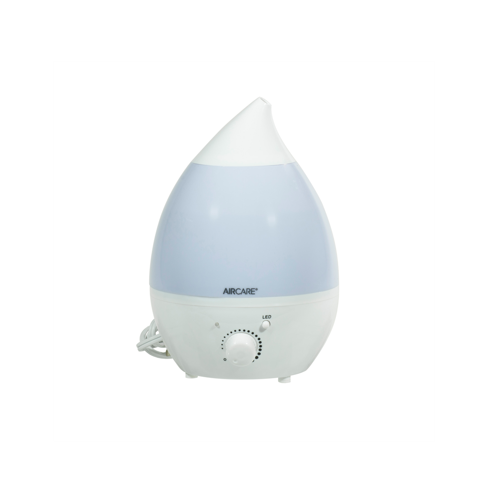 AIRCARE AURORAmini AUV10AWHT in white with pale translucent tank, angled mist nozzle, front LED button and manual output dial