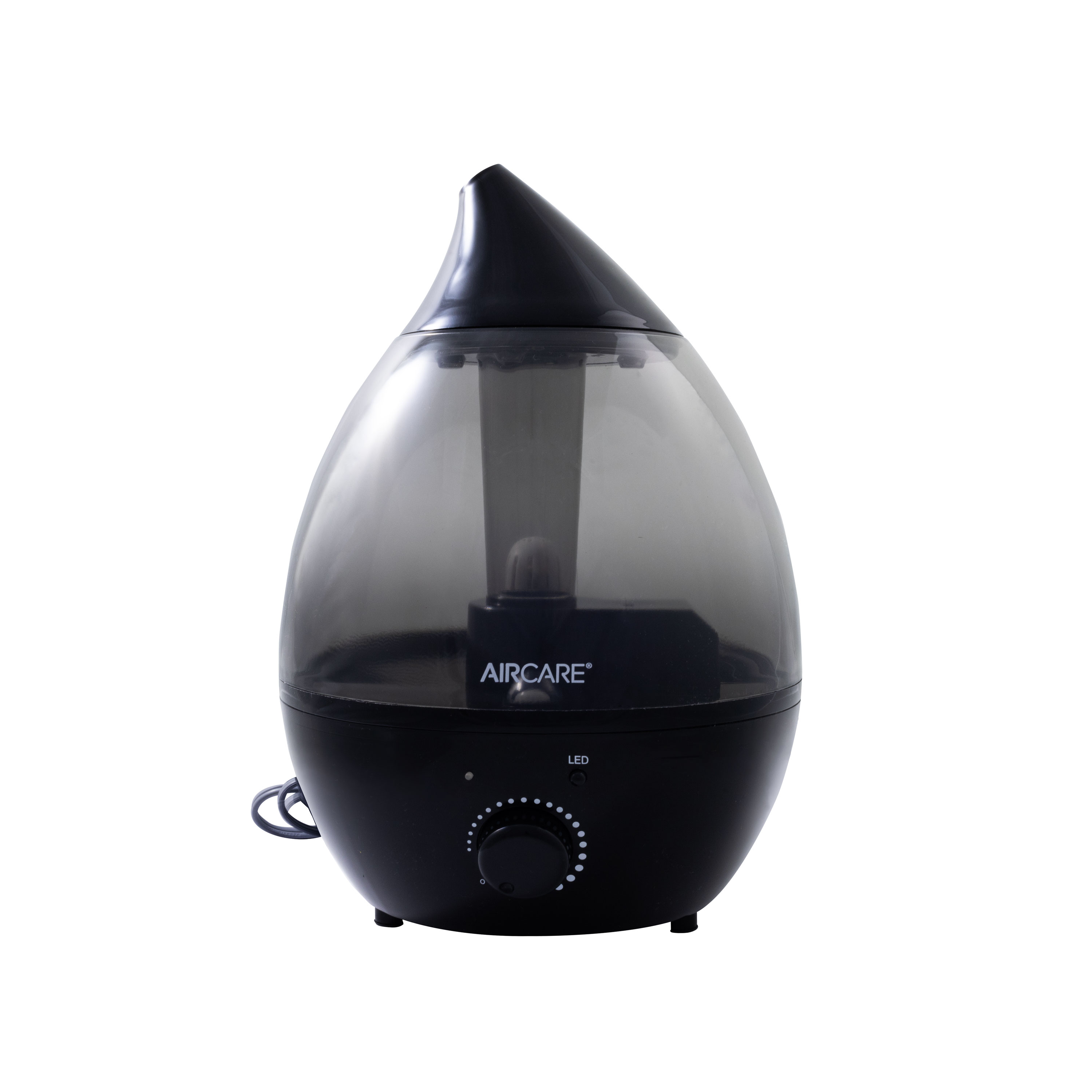 AIRCARE AURORA AUV20ABLK in black with a translucent droplet-shaped tank, mist nozzle, front LED button and variable-output dial