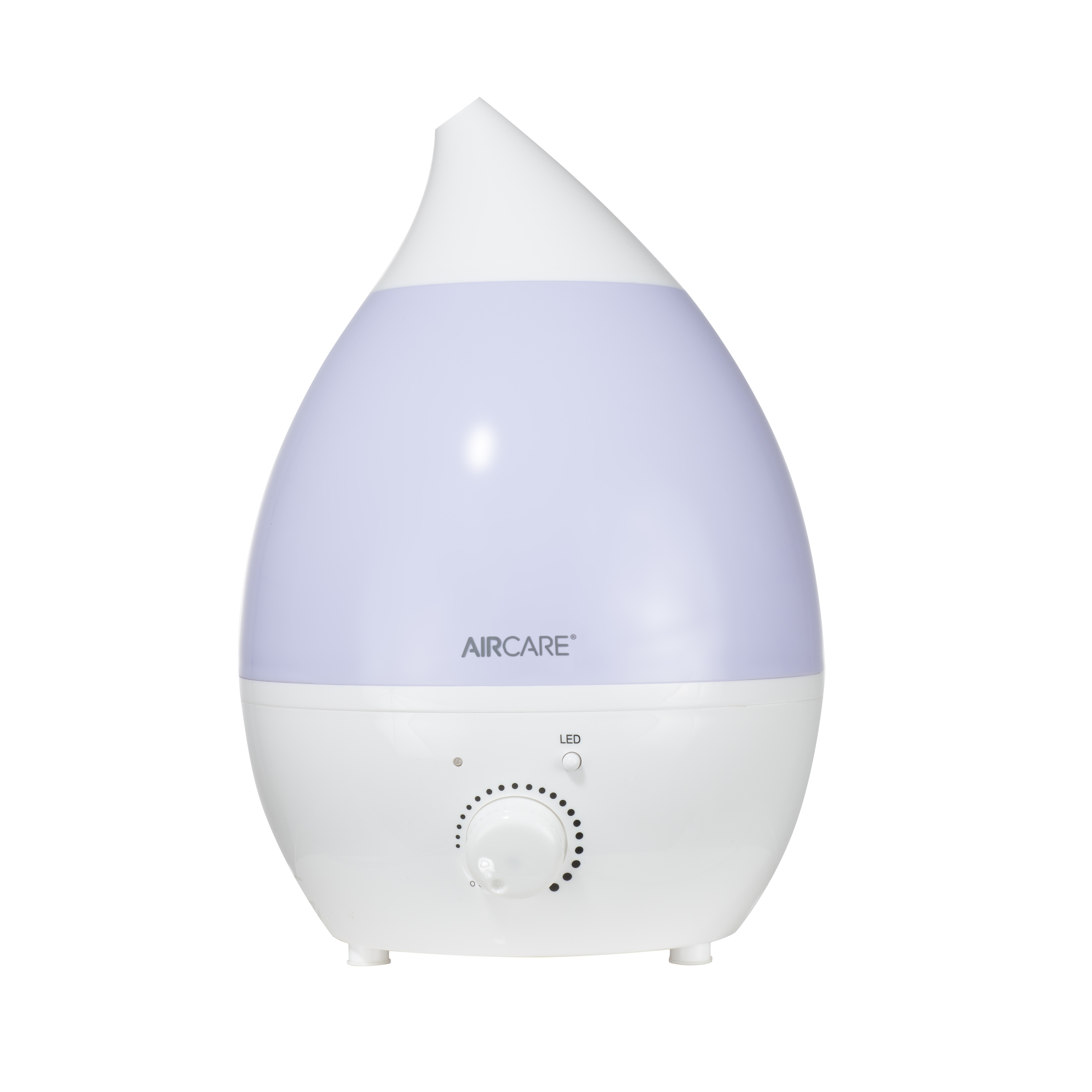 AIRCARE AURORA AUV20AWHT white humidifier with translucent tank, nozzle, front LED button and output dial