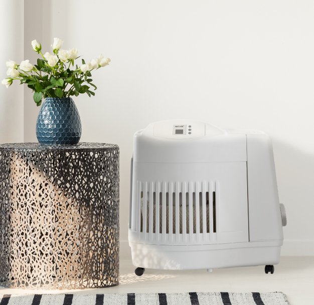 White AIRCARE Console MA1201 evaporative humidifier on casters in a room, with its digital control panel and front wick grille visible