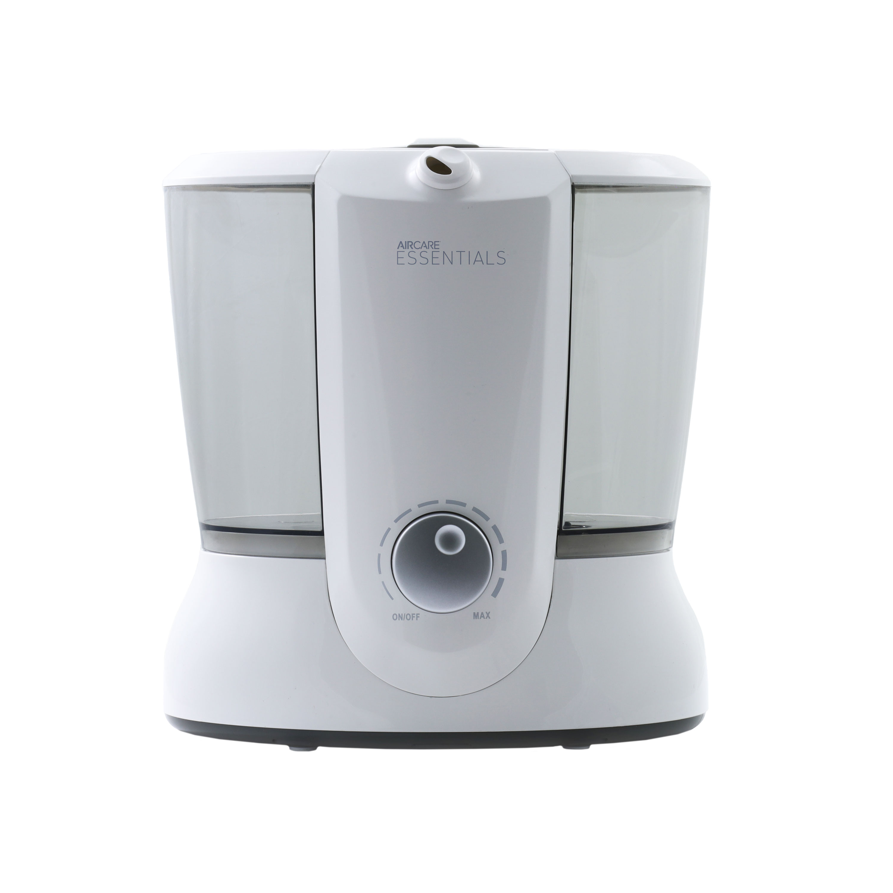 Official AIRCARE DORIAN DU519AWHT front view with translucent tank, mist outlet and single analog output knob.