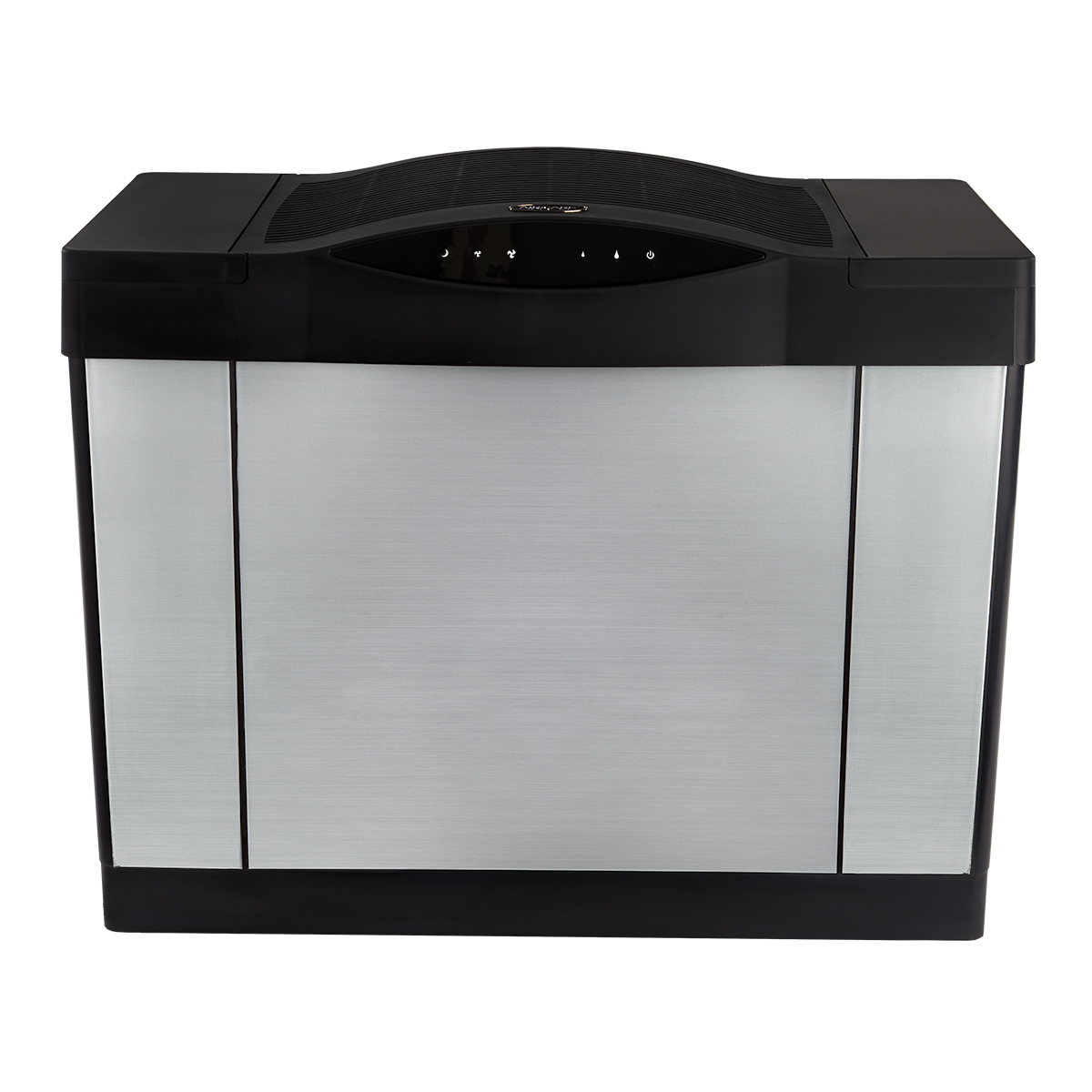 Silver-front AIRCARE Executive 4DTS900 evaporative console humidifier with black upper fan grille and a central touch-control panel