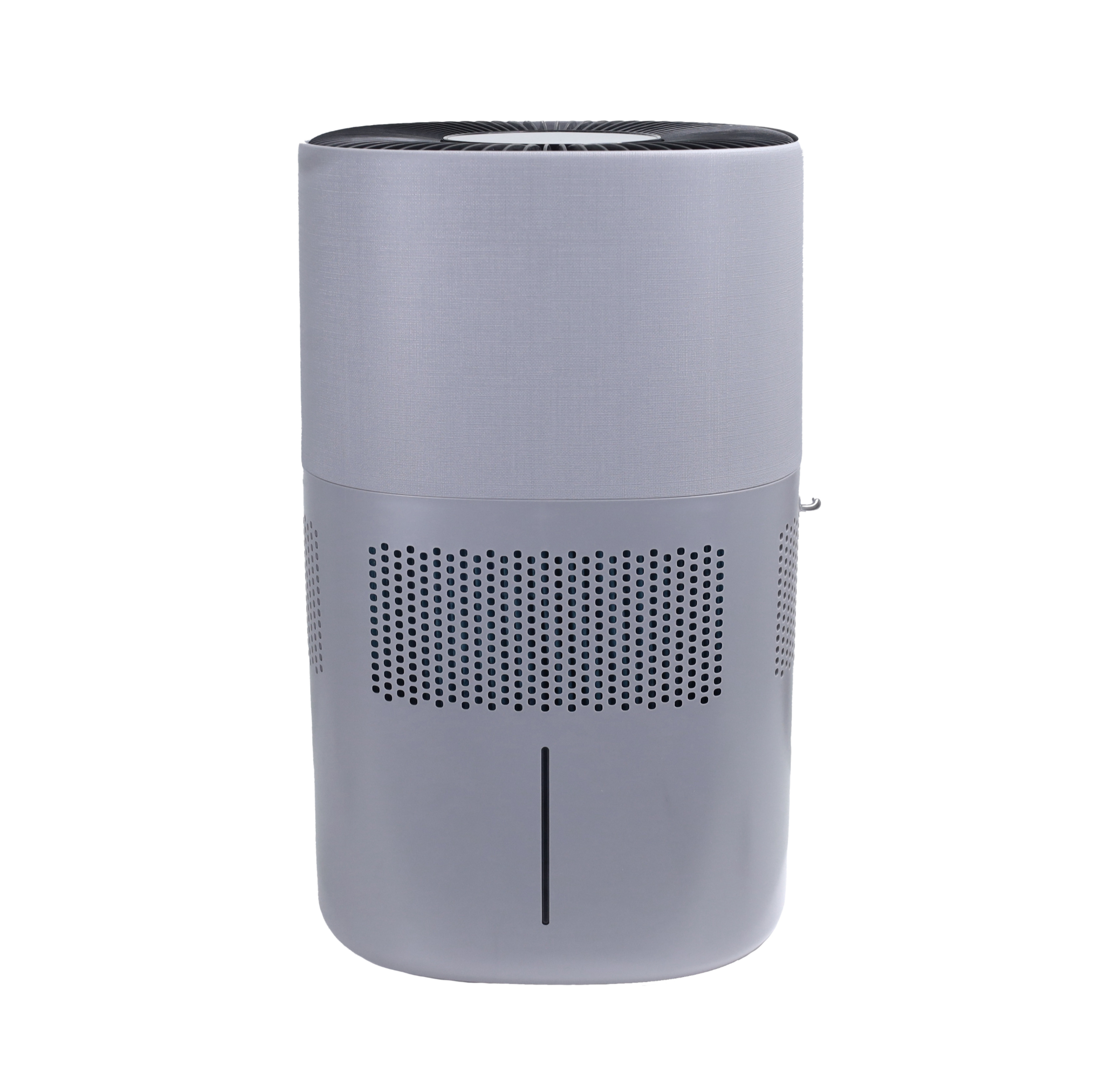 Gray AIRCARE Mantra ME440DGRY8 evaporative humidifier with a fabric-look upper band, circular top grille and front water-level window