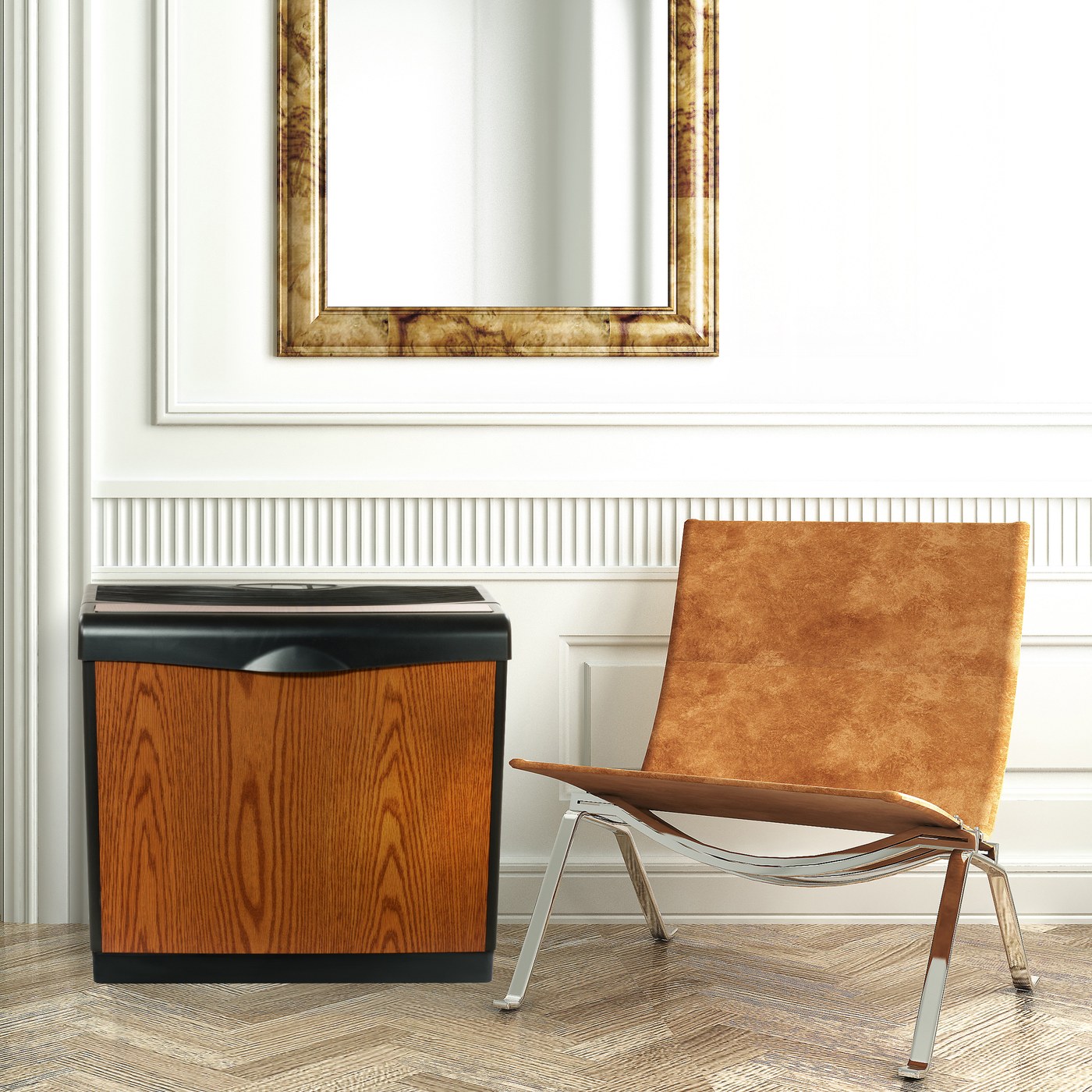 AIRCARE Valiant humidifier in honey oak, model EA1407, shown beside a chair