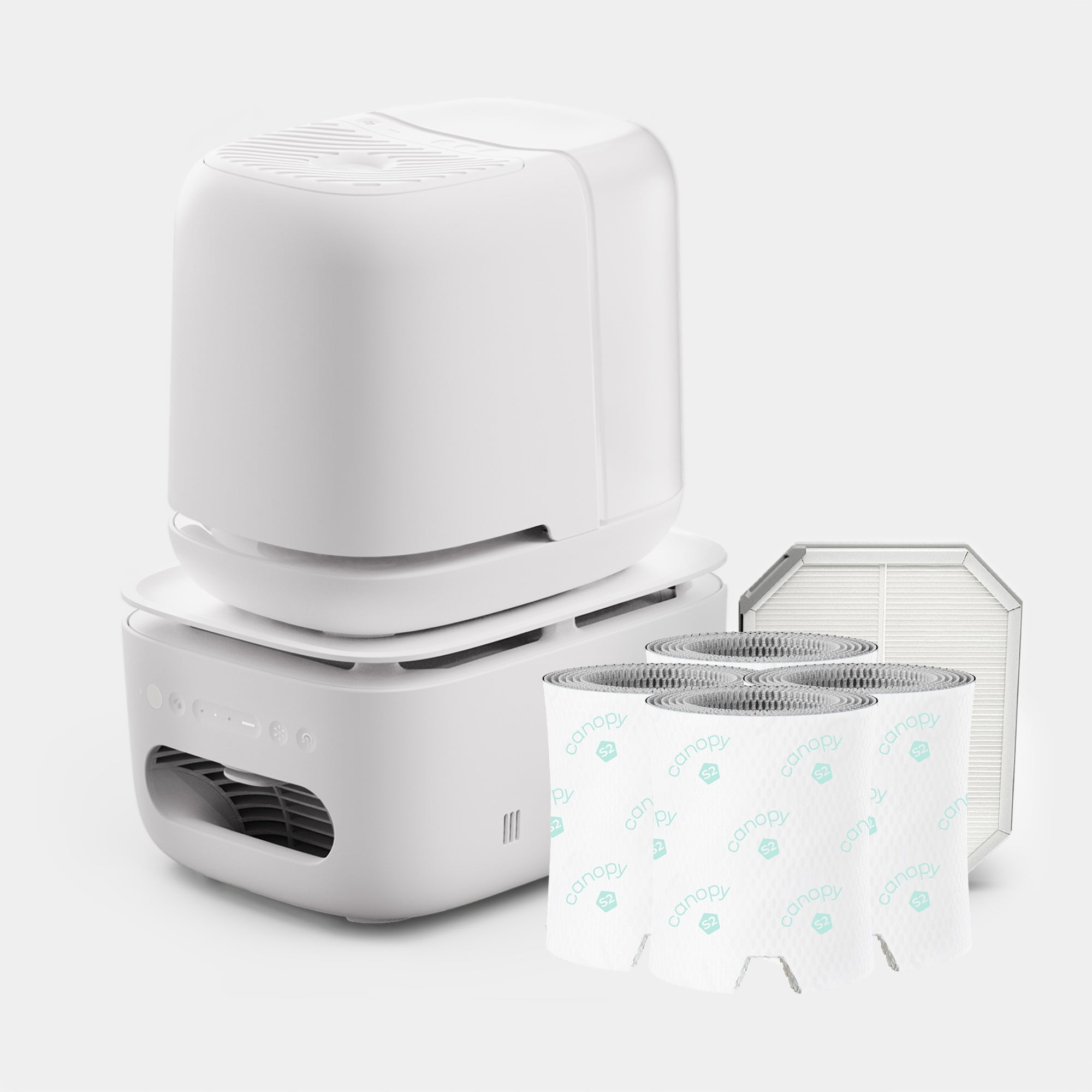 Canopy All-in-One Humidifier and Purifier White package, showing separate stackable air purifier and humidifier components with filters