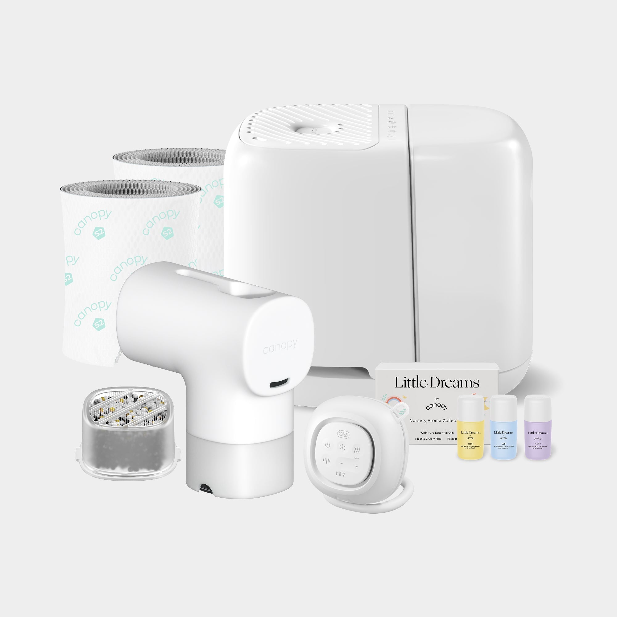 Canopy Baby Wellness Starter White package with Nursery humidifier, baby sound machine, bath filter and aroma kit