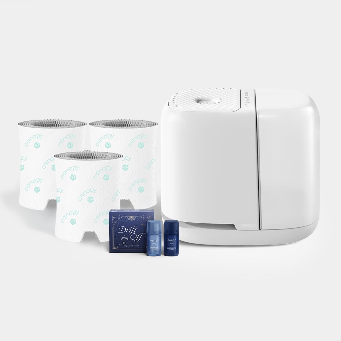 Canopy Bedside Humidifier 2.0 Bundle in White with one humidifier, three filters and Drift Off Aroma Kit