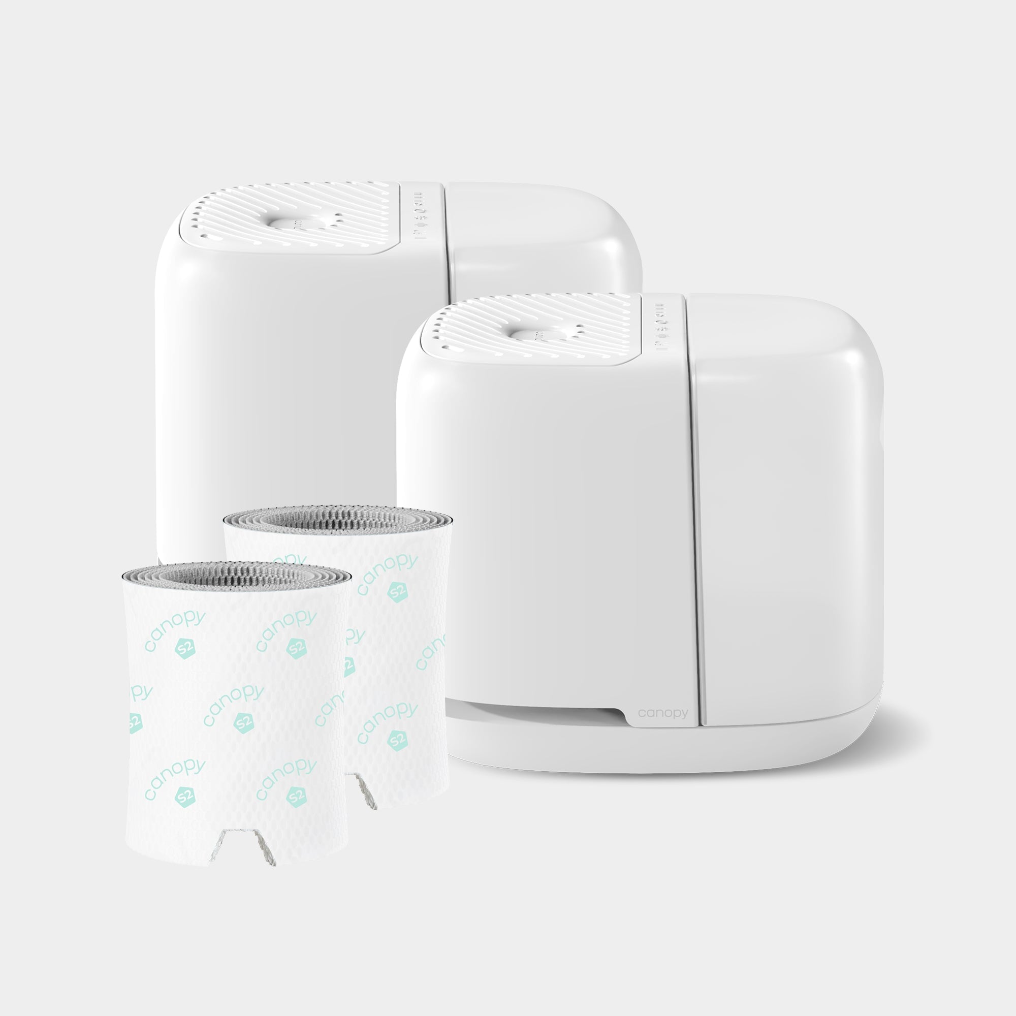 Canopy Bedside Humidifier 2.0 Duo White package, with two separate humidifiers and two replacement filters