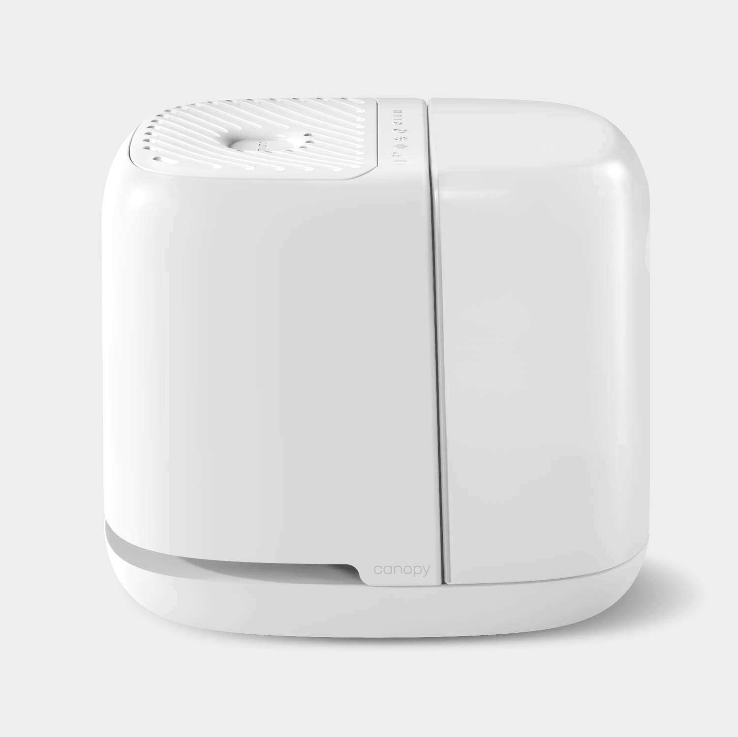 White Canopy Bedside Humidifier 2.0 shown from the front with its top control panel; official product image.
