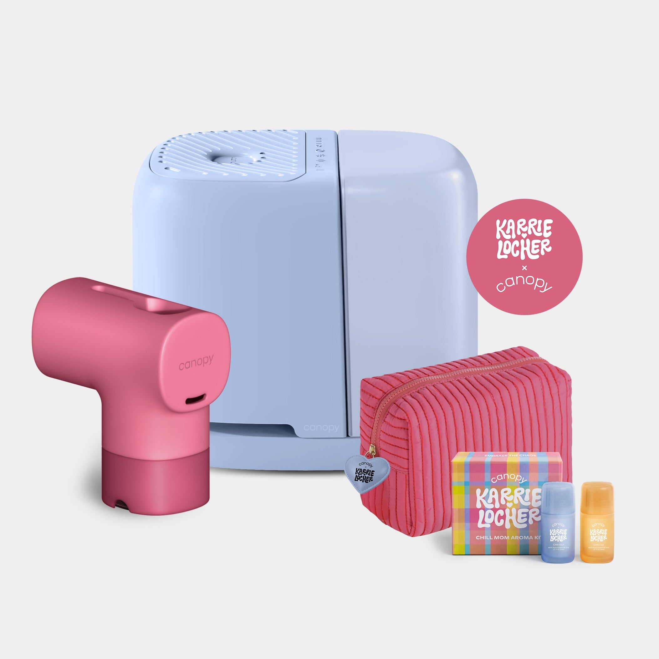Canopy Karrie Locher mixed bundle showing one Bedside 2.0 humidifier, bath tub filter, aroma items and pouch