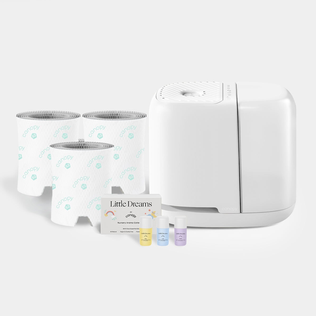 Canopy Nursery Humidifier Bundle 2.0 in White with one humidifier, three filters and Little Dreams Aroma Kit