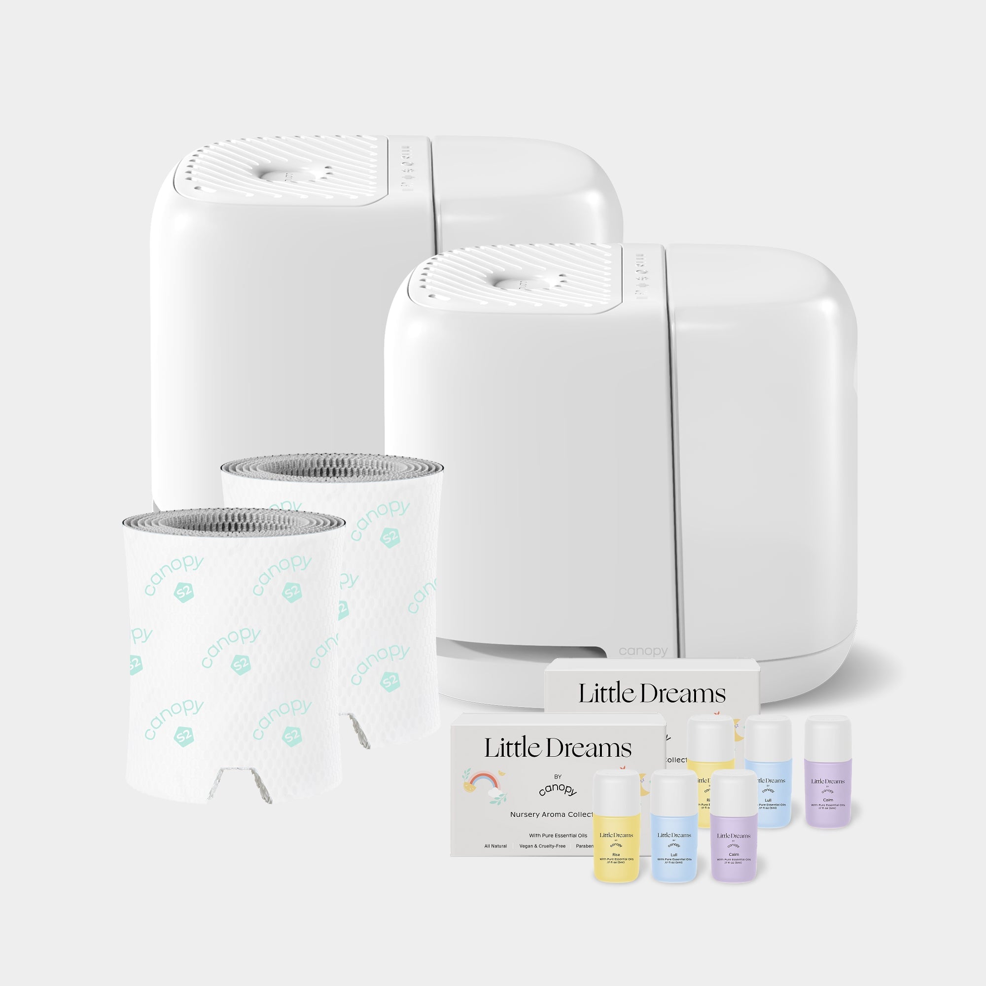 Canopy Nursery Humidifier 2.0 Duo in White, showing two humidifiers, two filters and two Little Dreams Aroma Kits