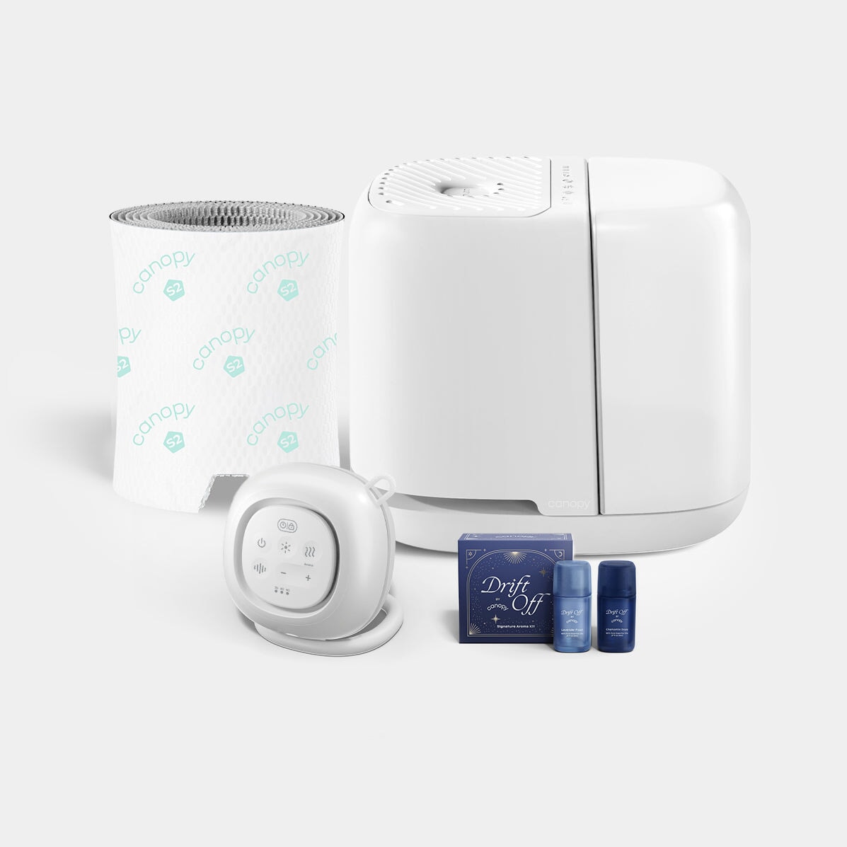 Canopy The Sleep System White package showing one Bedside Humidifier 2.0, sound machine and aroma kit