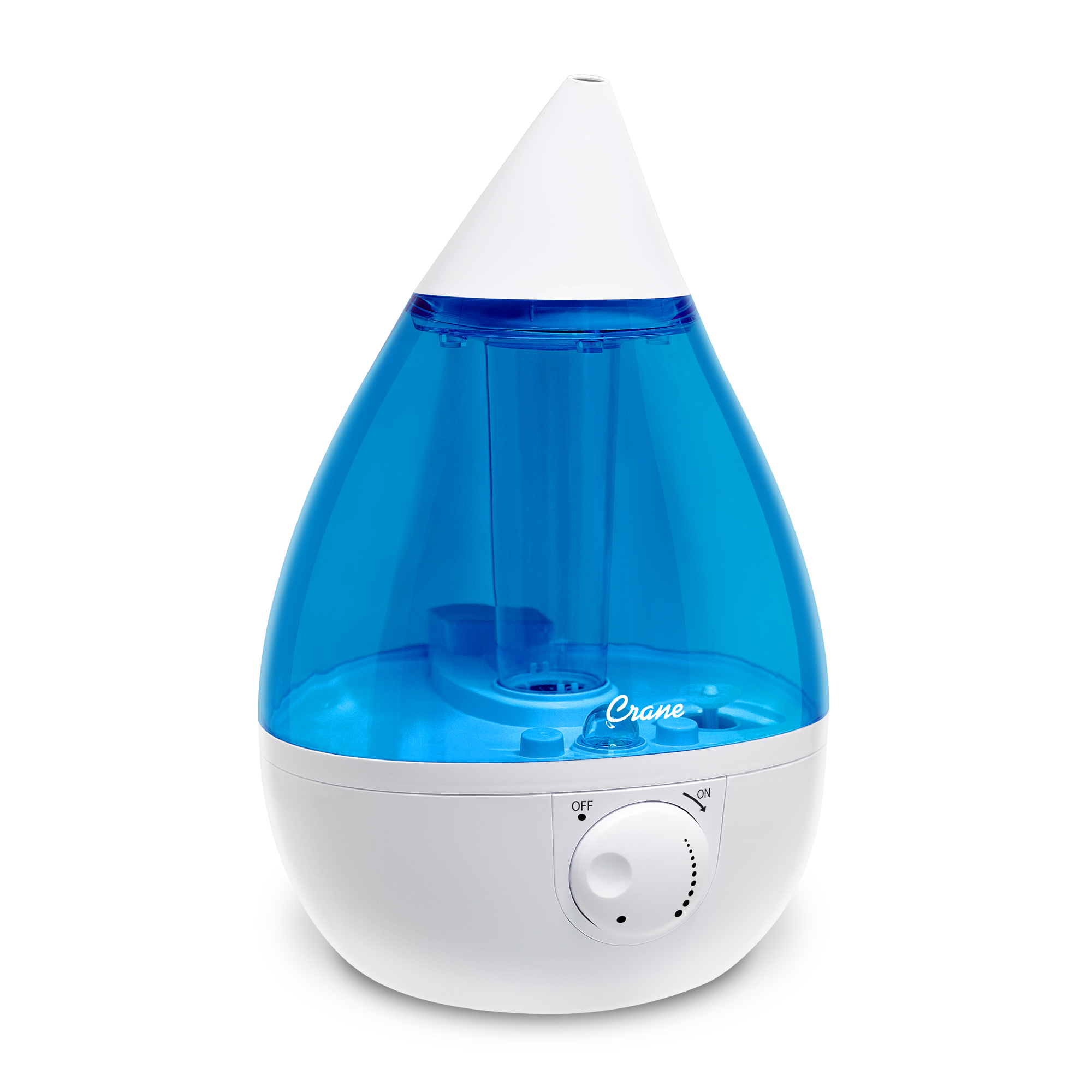 Humidificateur Crane Drop Shape EE-5301 en bleu et blanc, avec réservoir translucide en forme de goutte, partie supérieure blanche et molette rotative à l’avant.