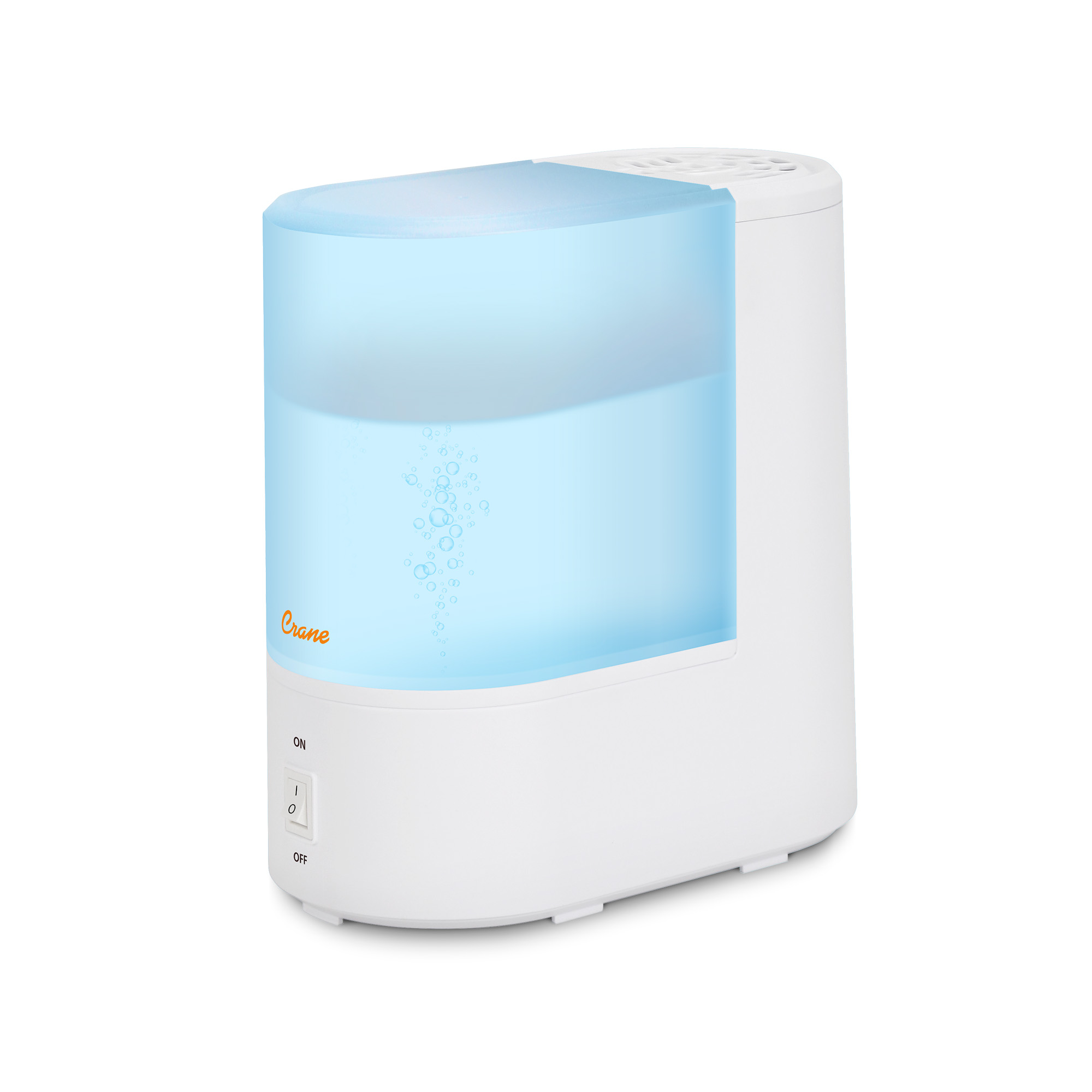 Crane EE-5200 warm-mist humidifier with a translucent pale-blue half-gallon tank and front power control.