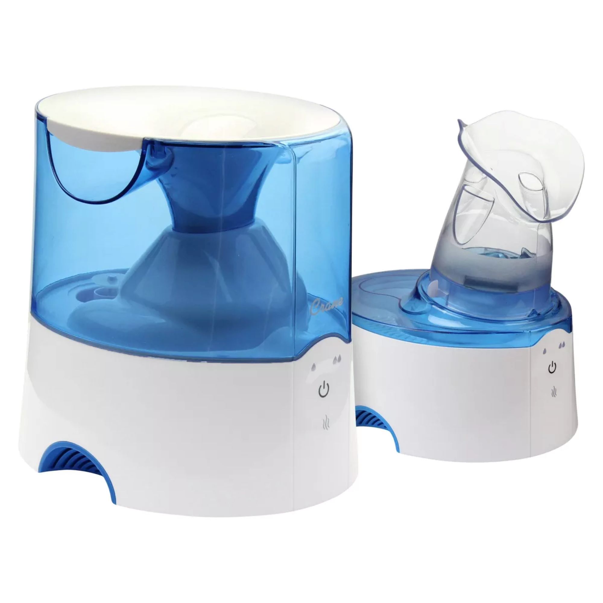 Crane EE-5202 half-gallon warm-mist humidifier with blue tank and separate inhaler vent and mask assembly.