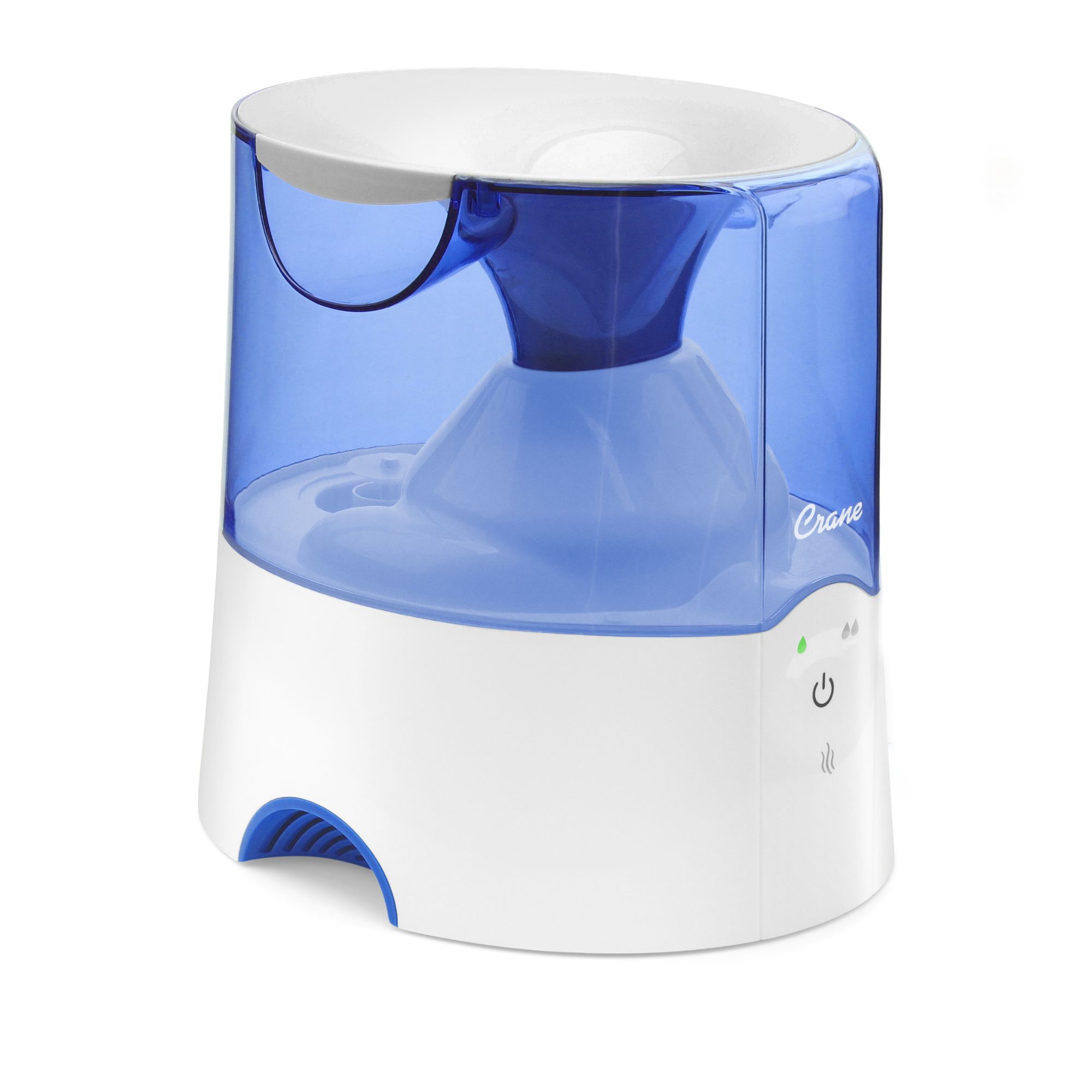 Crane EE-5202H warm-mist humidifier with white body and translucent blue half-gallon tank; inhaler kit is optional.