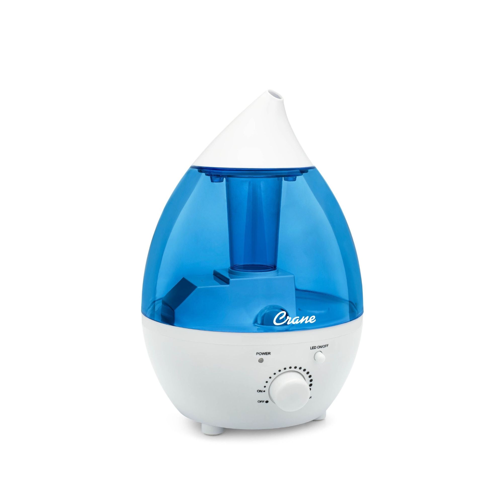 Image du produit montrant l’appareil dans son intégralité Crane EE-5300 : Crane EE-5300 Mini-Drop Cool Mist Humidifier, 0.35 Gallon ; image du fabricant, sans précision sur le fait qu’il s’agisse d’une photo ou d’un rendu.