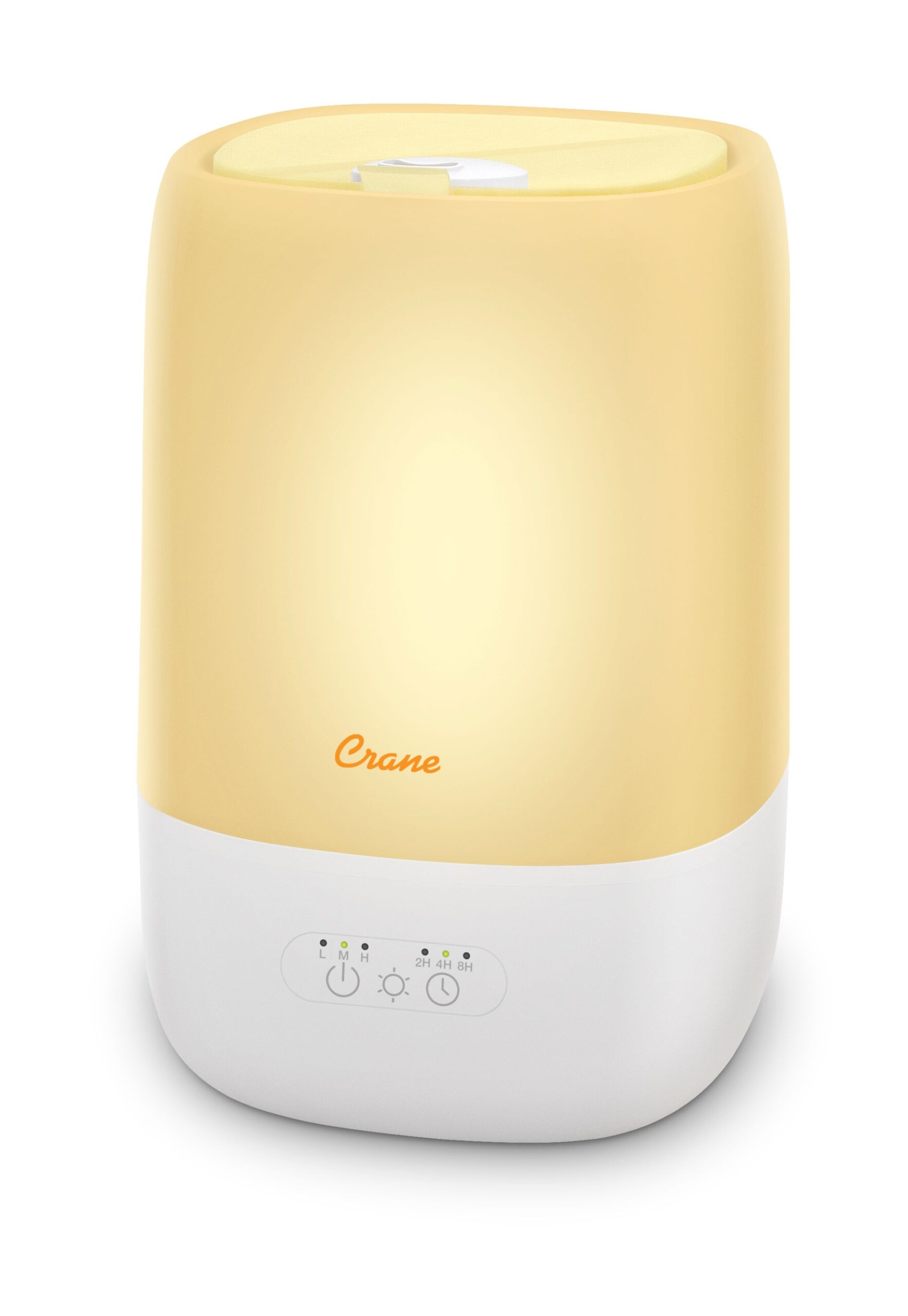 Full-unit view of the Crane EE-9091 humidifier, translucent pale-gold tank and white base with front controls.