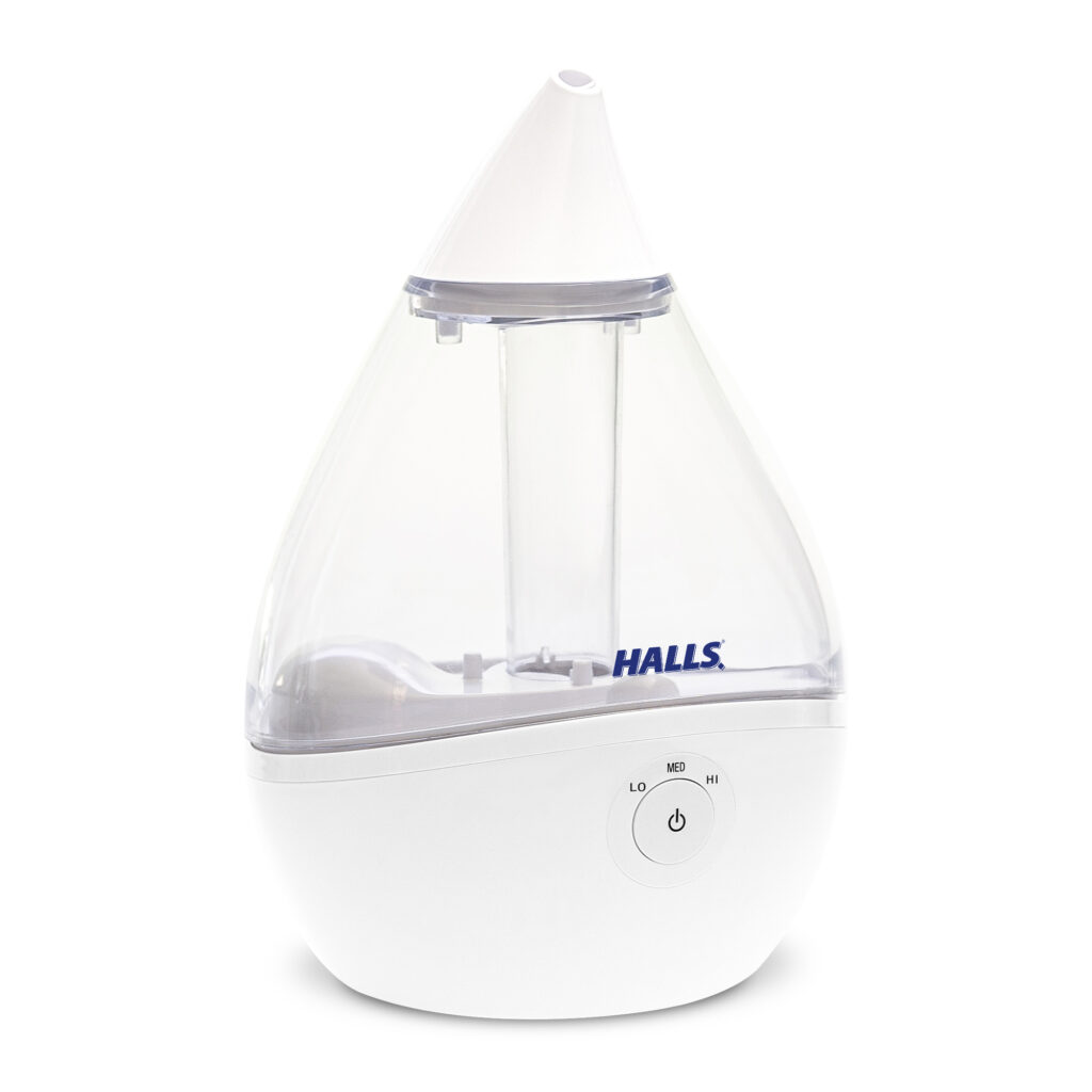 Image du fabricant Crane x HALLS Crane x HALLS Droplet Cool Mist Humidifier (EE-5302CWH), montrant exactement le HALLS Droplet Ultrasonic Cool Mist Humidifier, configuration transparente/blanche de 0.5 gal US.