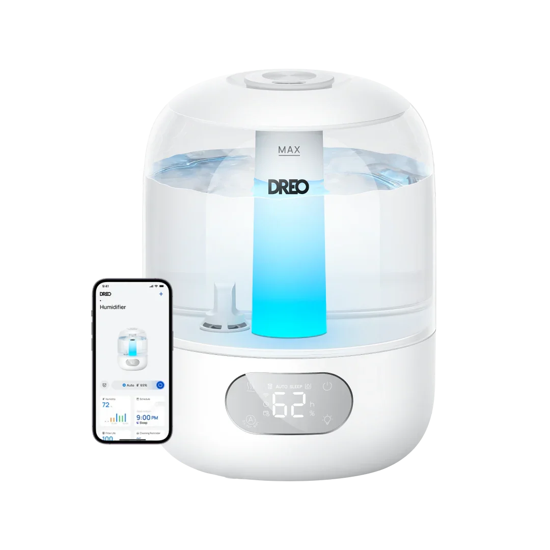 White Dreo HM306S Smart Humidifier with front humidity display and a phone/app interface shown in a transparent-background product composite