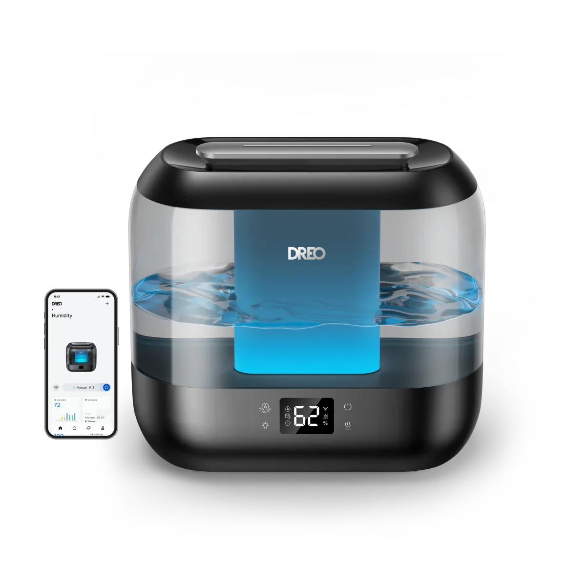 Official Dreo media showing the black HM311S 4-liter humidifier with an app screen.