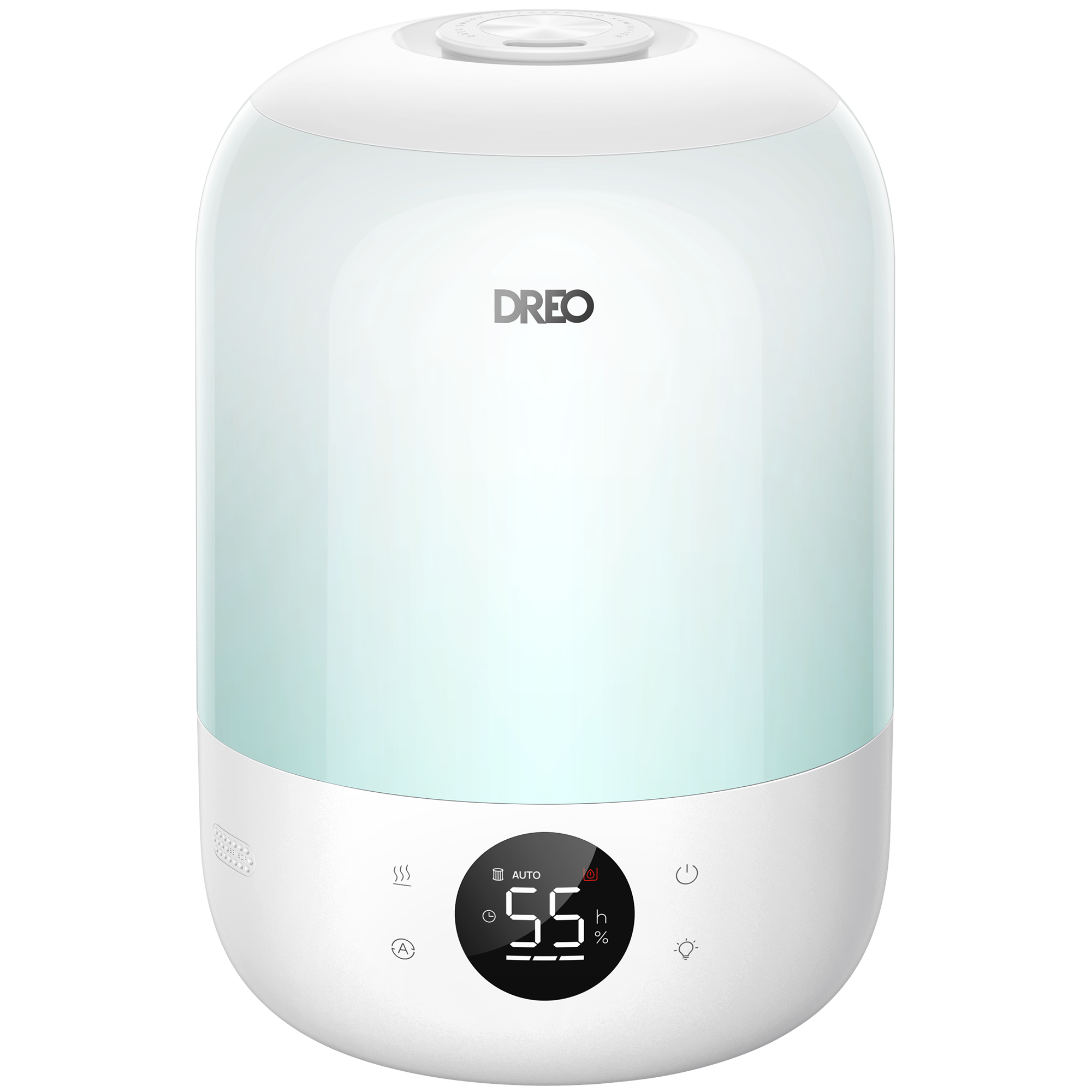 White Dreo Humidifier 312 with translucent pale-blue tank, round top access and circular front humidity display and controls