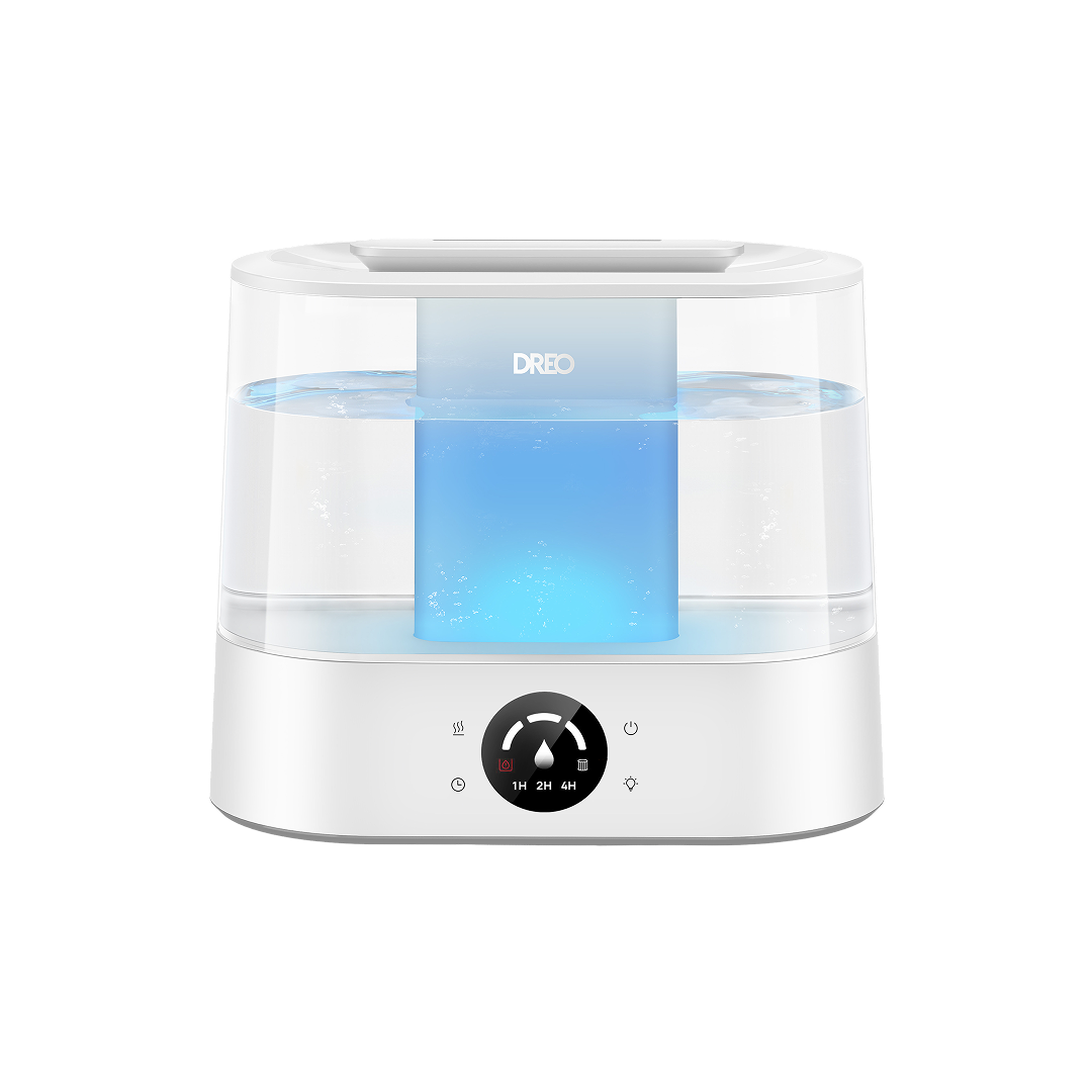 White Dreo Humidifier 321 4L with a clear water tank and front LED timer/status indicator panel