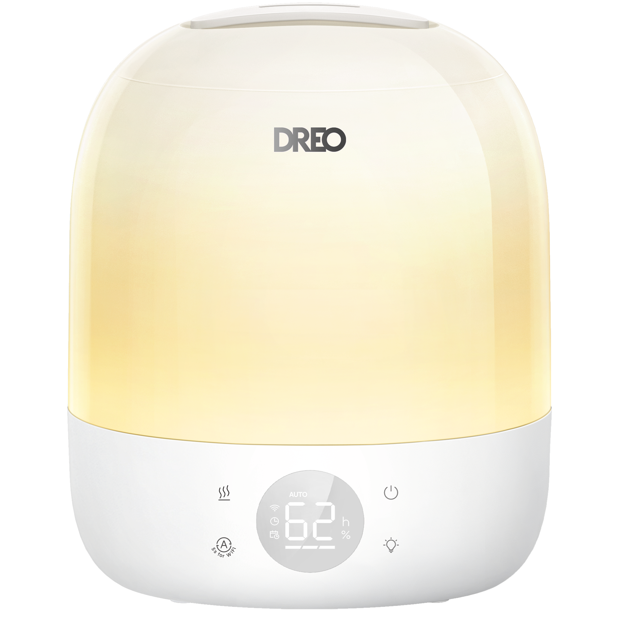 White Dreo Humidifier 409 with translucent illuminated reservoir, mist outlet and front display/control panel