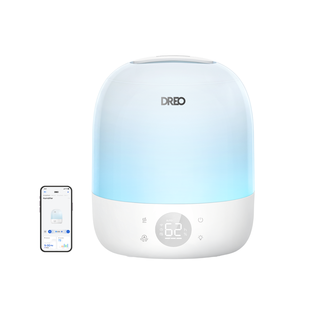 White Dreo Smart Humidifier 409S with front humidity display and an app control screen in a transparent-background product composite