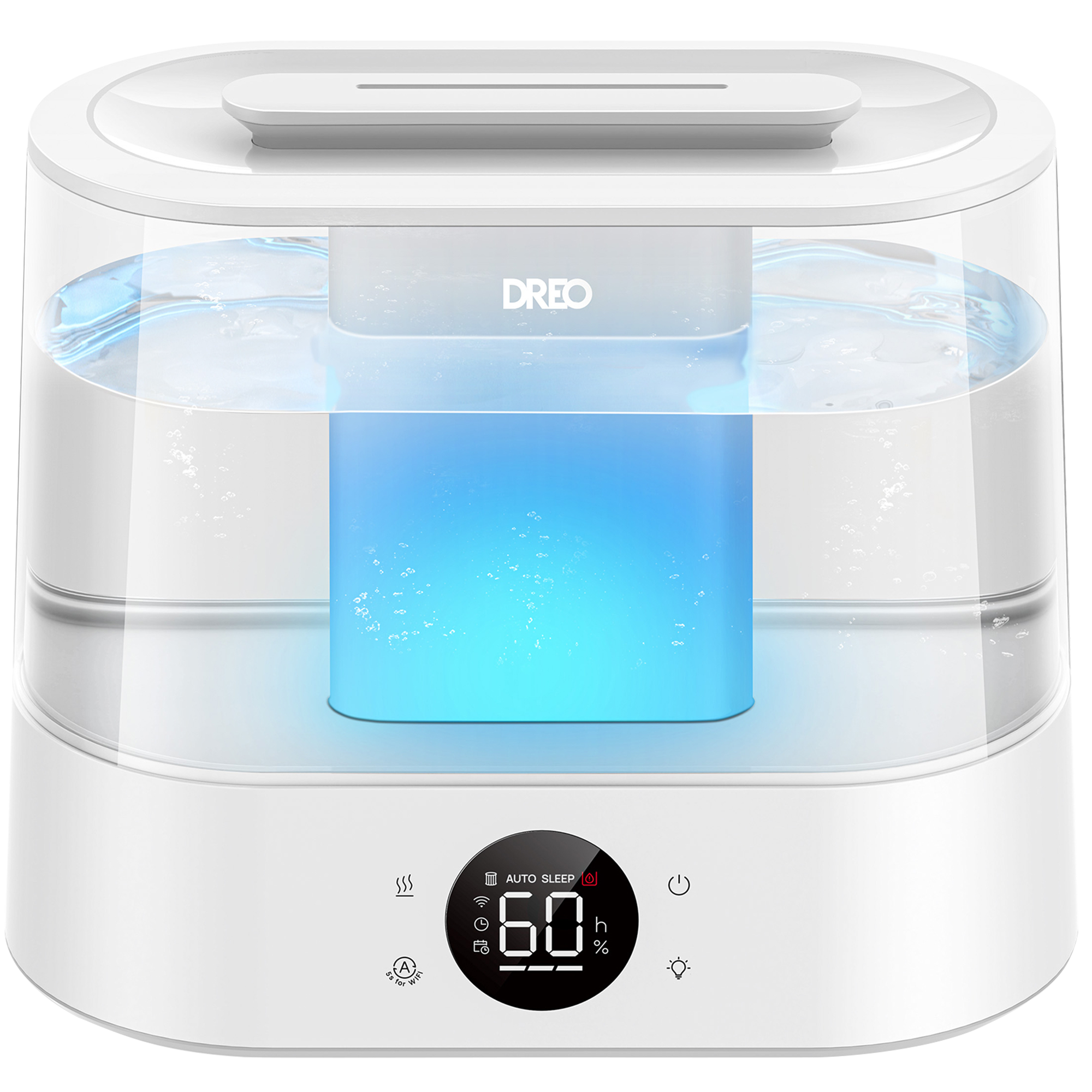 White Dreo HM420S DR-HHM010S humidifier with a clear tank, central blue-lit component and round humidity display