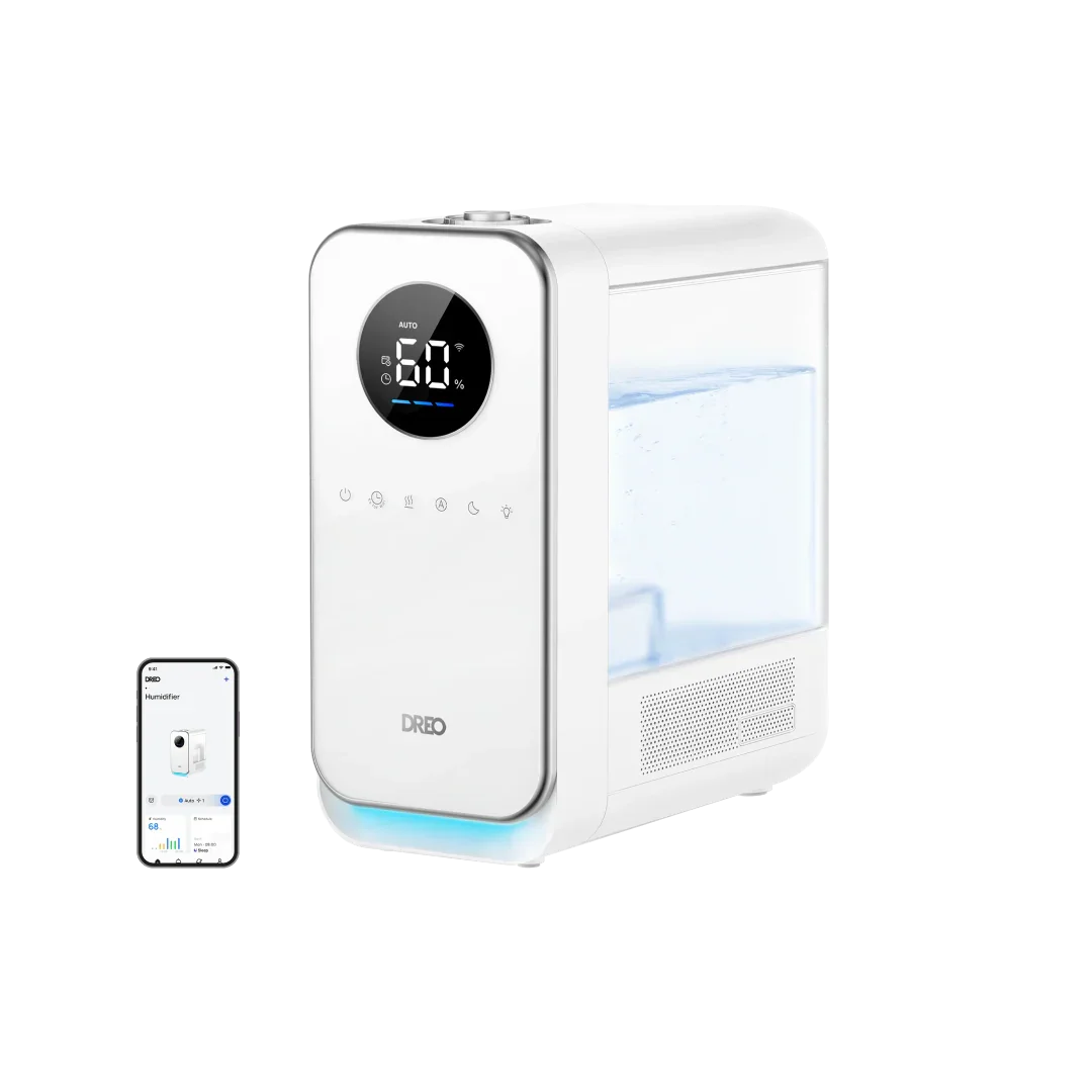 Official Dreo media showing a white HM512S 5-liter smart cool-mist humidifier with its screen and phone app.
