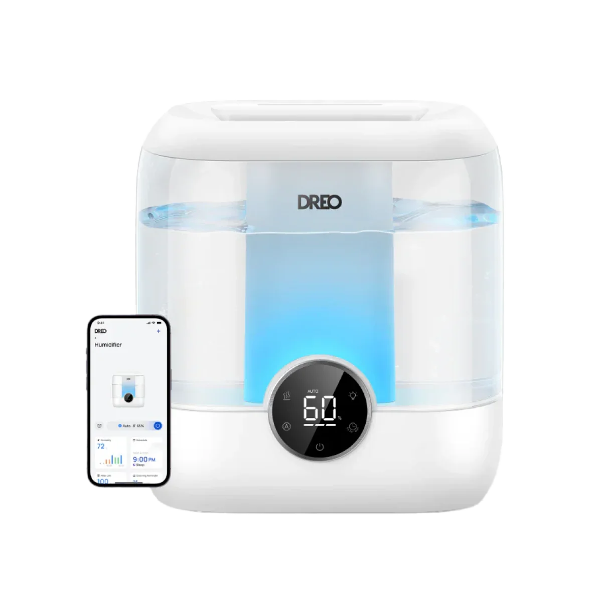 Official Dreo media showing the white HM524S 6-liter humidifier with an app interface.