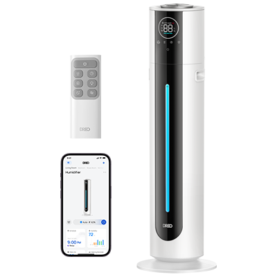 White-and-black DREO Humidifier 556S tower with front controls, remote handset and app illustration
