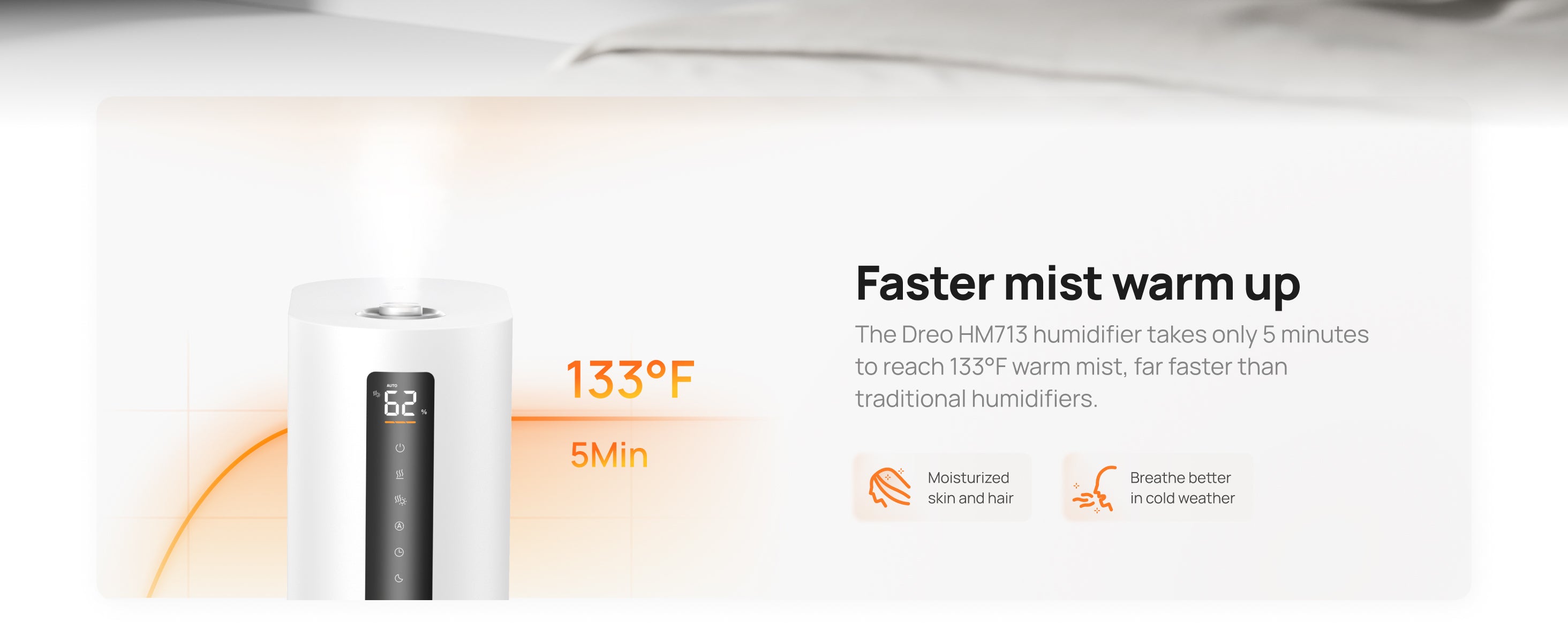Dreo HM713 white humidifier with translucent tank and front vertical display, shown in an official warm-mist promotional graphic
