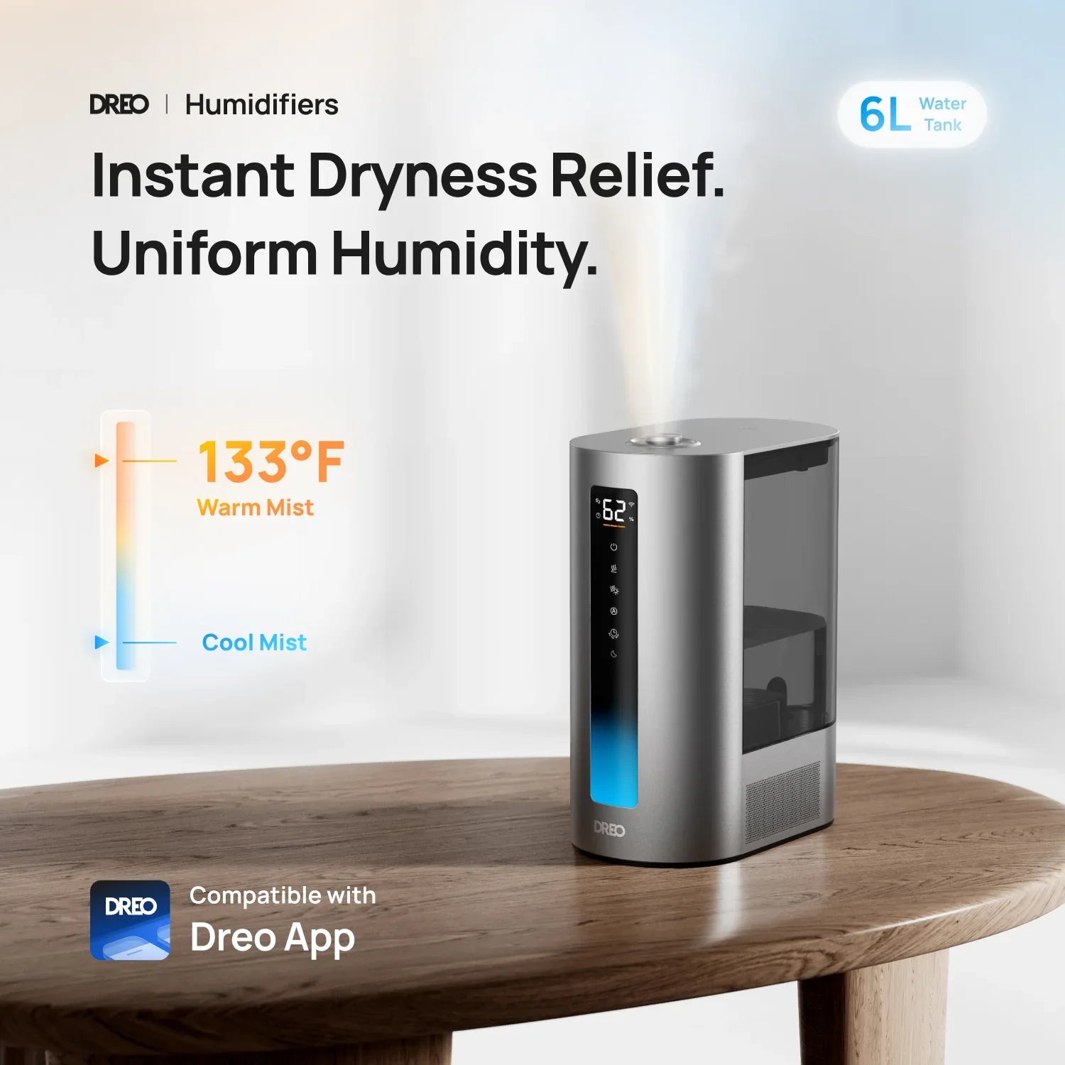 Dreo official HM713S silver humidifier shown in a lifestyle marketing image with warm- and cool-mist callouts.