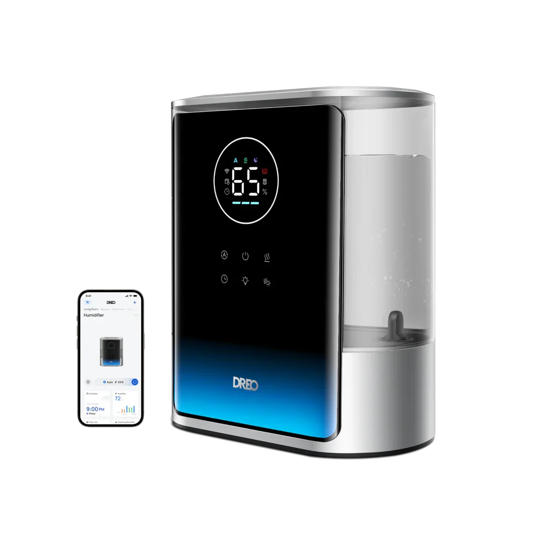 Black Dreo HM717S 8L humidifier with a digital front display, clear tank, and an inset phone-app screen