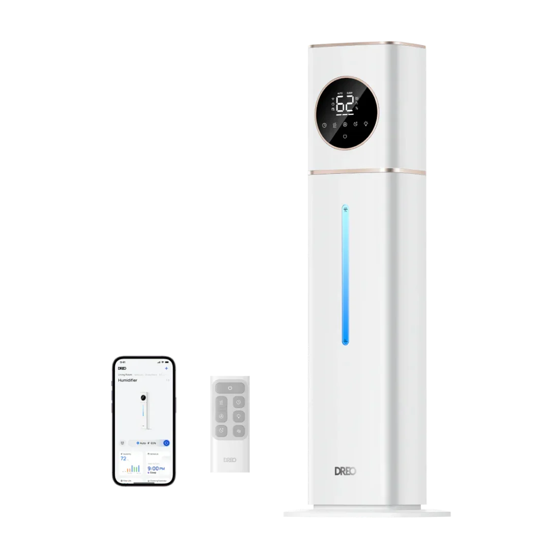 White Dreo HM735S 11L humidifier tower with digital control display and vertical water-level window; the official composite also shows a remote and app screen
