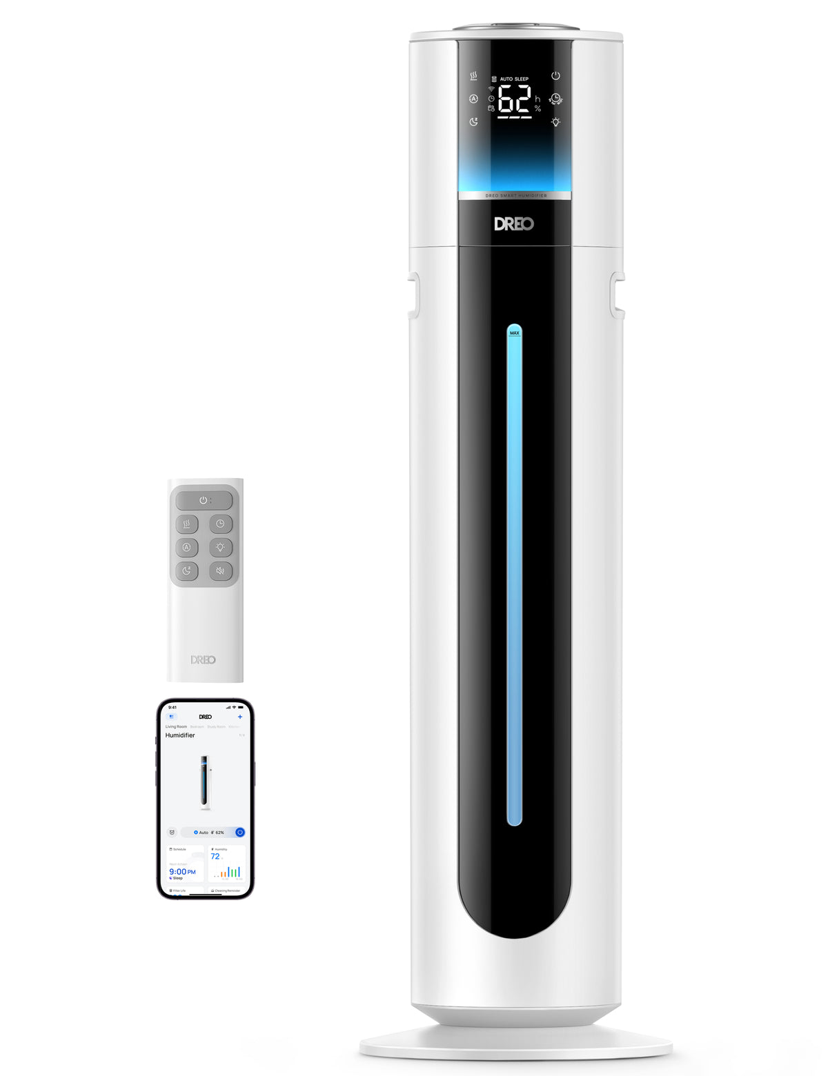 White Dreo 747S smart humidifier tower with LED display and vertical water-level window; the official gallery image also shows the included remote and app interface