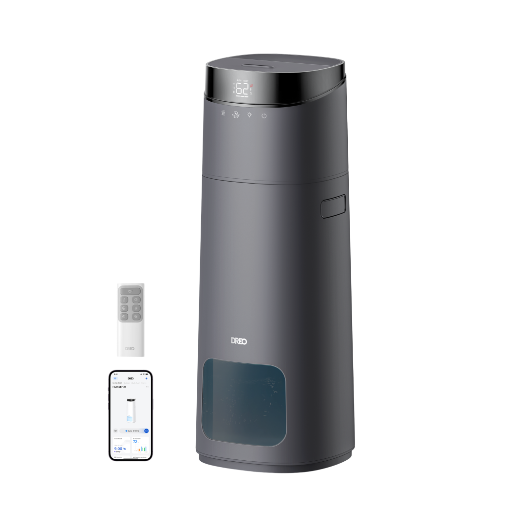 Grey Dreo Smart Humidifier 755S 16L tower with a front display and translucent lower tank window