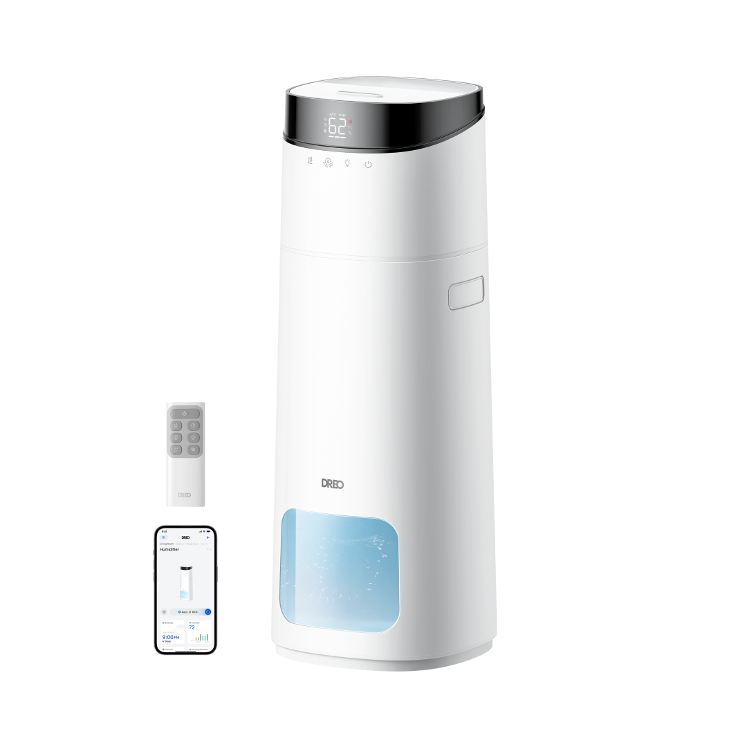 White Dreo Smart Humidifier 755S 16L tower with a front display and translucent lower tank window