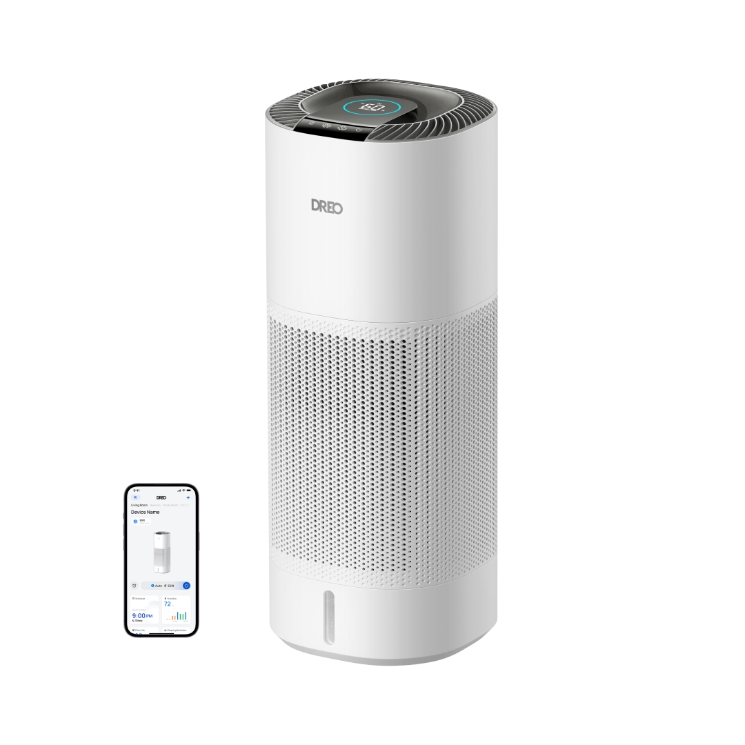 White Dreo 774S evaporative humidifier with perforated wick-filter body, top display and phone app composite
