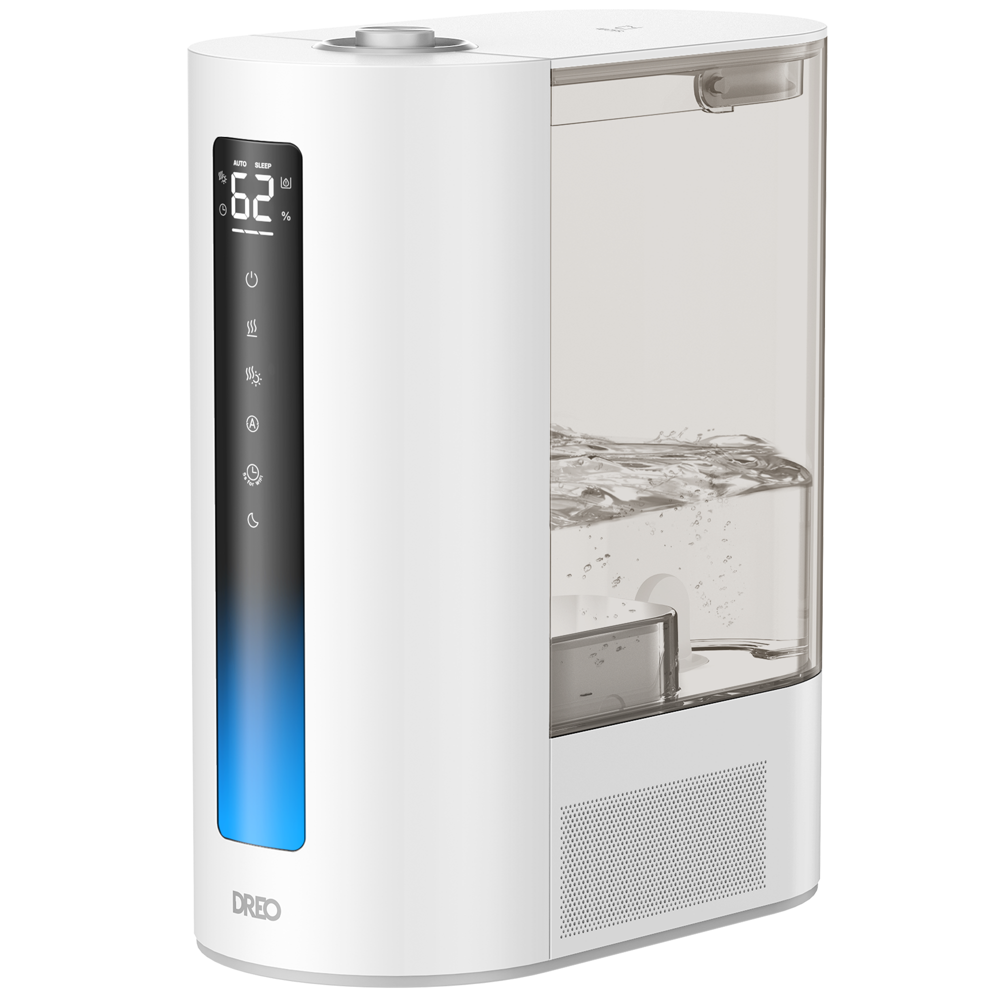 White Dreo Standard Humidifier 813 support-family image showing a clear water reservoir, front display and lower vent