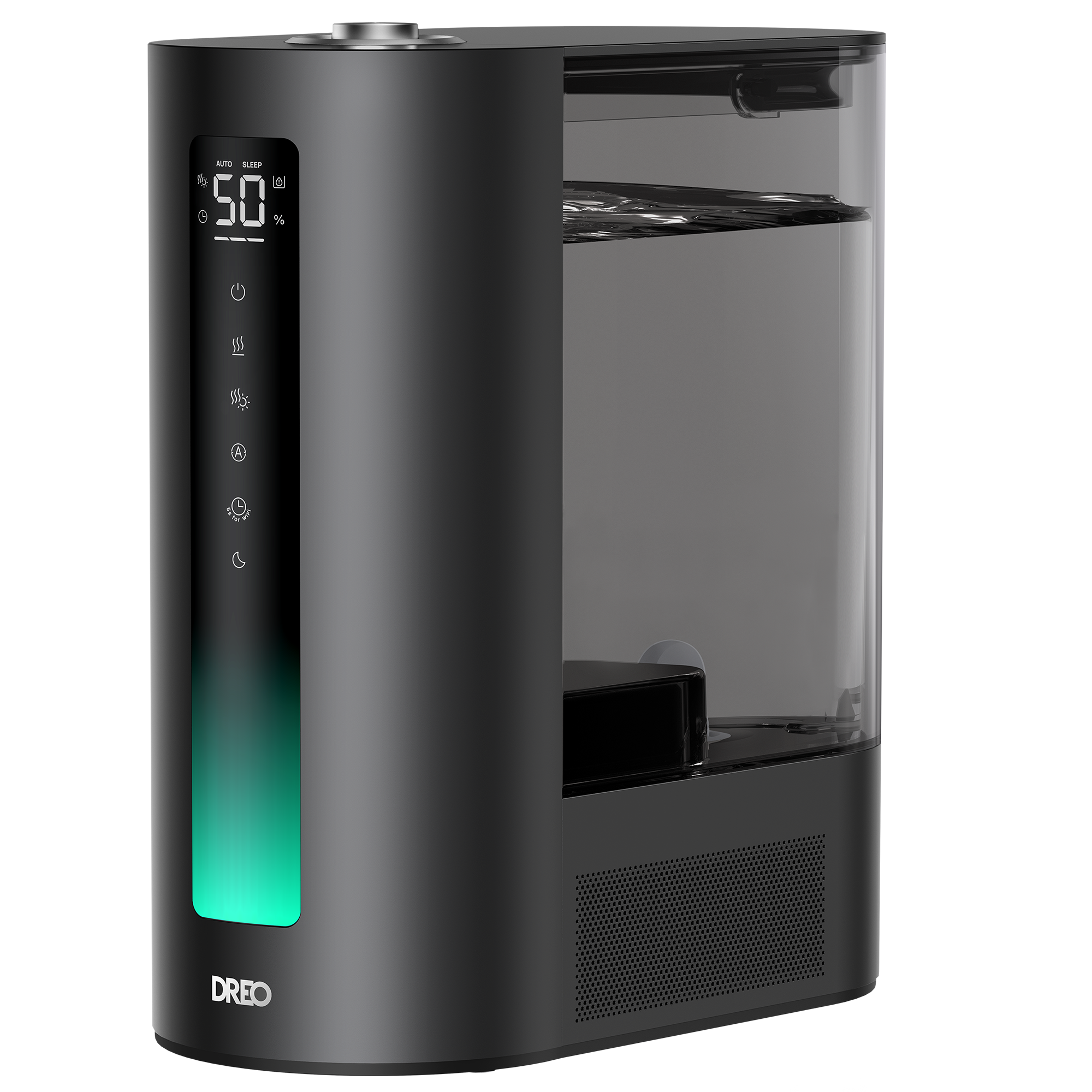 Dreo support image for the black DWHM03S Smart Humidifier 813S, showing a front humidity display and Wi-Fi mark.